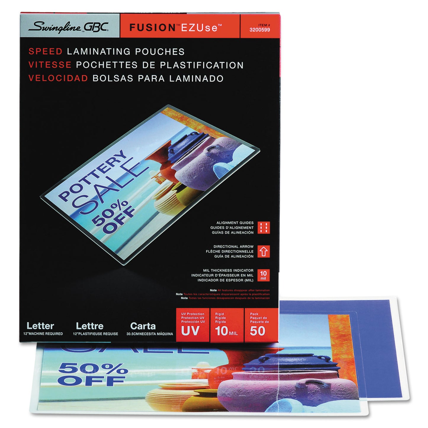 GBC EZUse Thermal Laminating Pouches, 10 mil, 9" x 11.5", Gloss Clear, 50/Box (3200599)