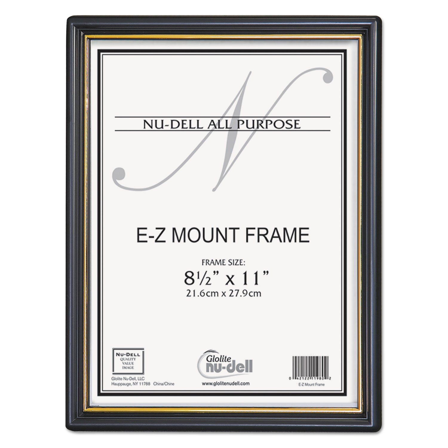 NuDell EZ Mount Document Frame with Trim Accent and Plastic Face, Plastic, 8.5 x 11 Insert, Black/Gold (11880)