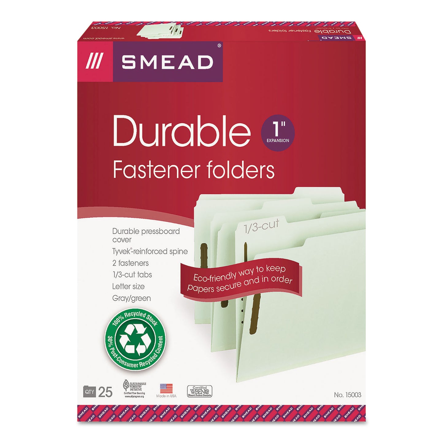 Smead Recycled Pressboard Fastener Folders, 1" Expansion, 2 Fasteners, Letter Size, Gray-Green Exterior, 25/Box (15003)