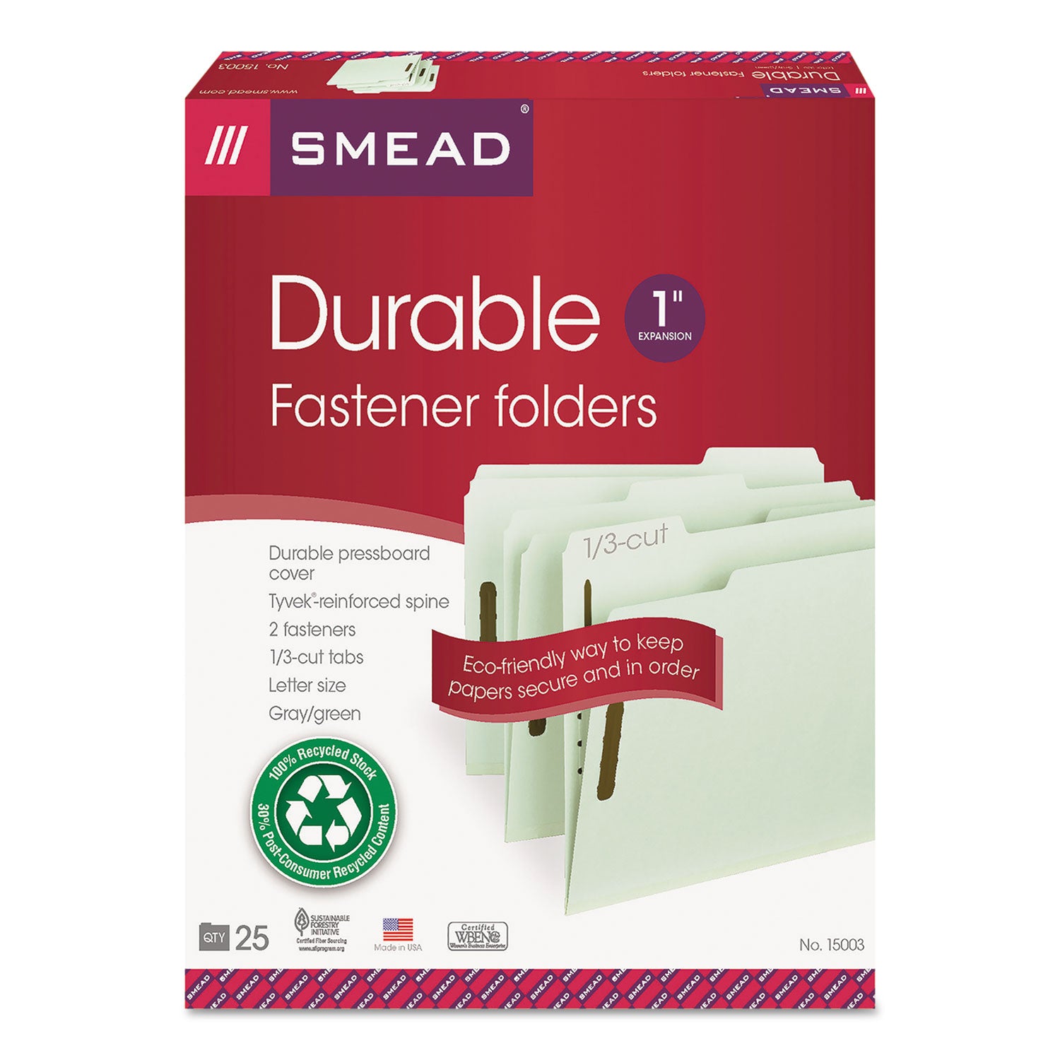 Smead Recycled Pressboard Fastener Folders, 1" Expansion, 2 Fasteners, Letter Size, Gray-Green Exterior, 25/Box (15003)