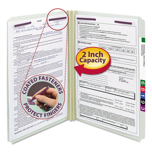Smead Recycled Pressboard Fastener Folders, Straight Tabs, Two SafeSHIELD Fasteners, 2" Expansion, Legal Size, Gray-Green, 25/Box (19910)