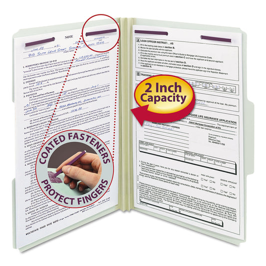 Smead Recycled Pressboard Fastener Folders, 1/3-Cut Tabs, Two SafeSHIELD Fasteners, 2" Expansion, Legal Size, Gray-Green, 25/Box (19934)