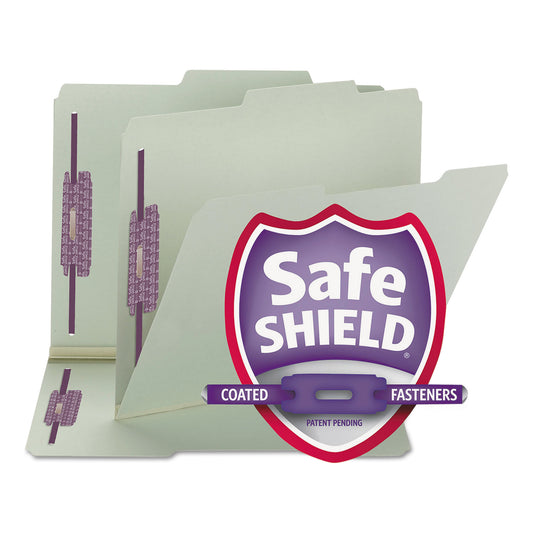 Smead Recycled Pressboard Folders, Two SafeSHIELD Coated Fasteners, 2/5-Cut: R of C, 1" Expansion, Letter Size, Gray-Green, 25/Box (14980)
