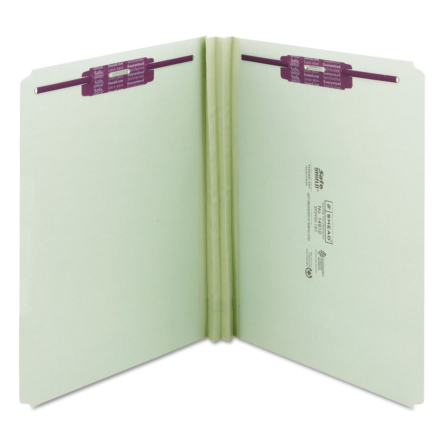 Smead Recycled Pressboard Fastener Folders, Straight Tabs, Two SafeSHIELD Fasteners, 2" Expansion, Letter Size, Gray-Green, 25/Box (14910)