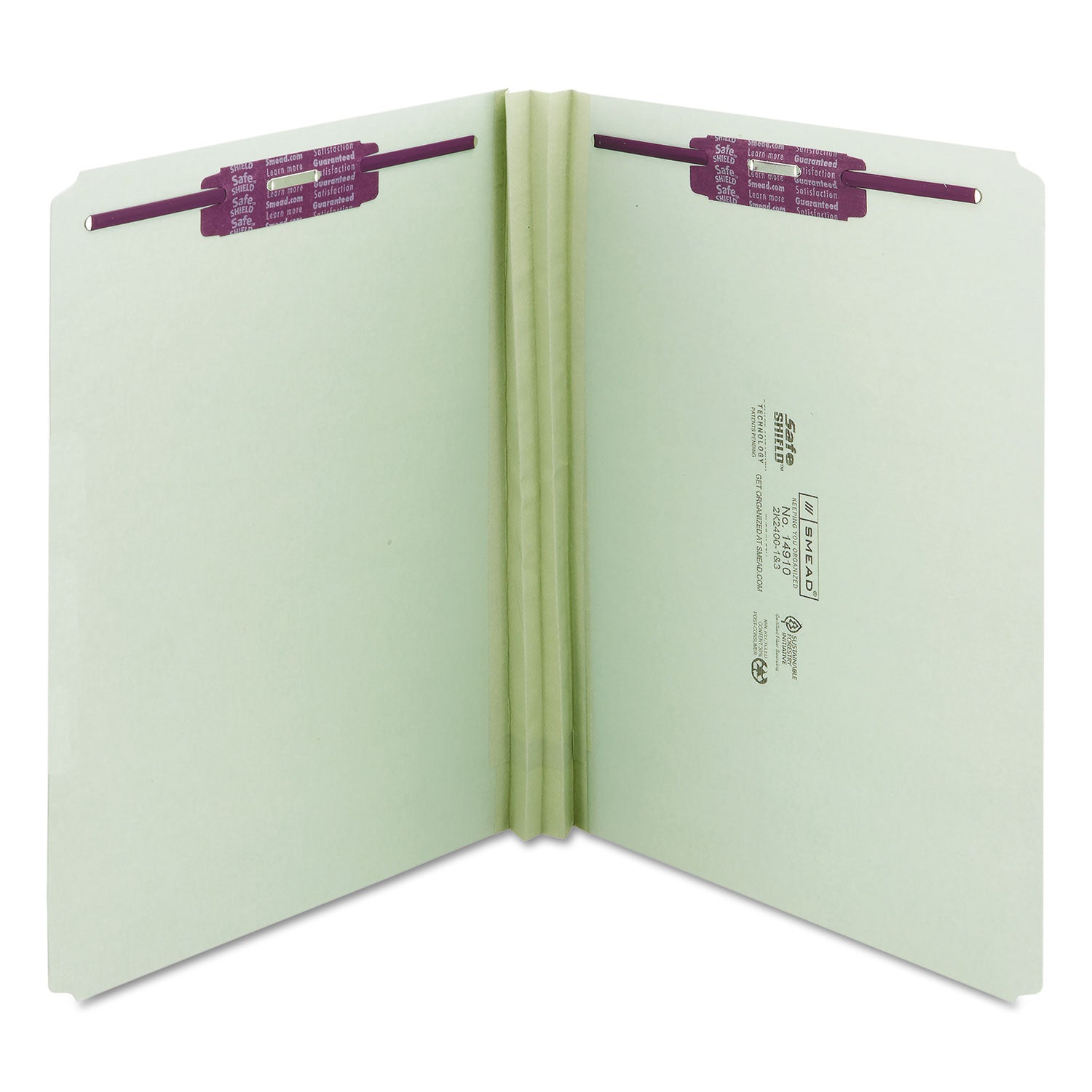 Smead Recycled Pressboard Fastener Folders, Straight Tabs, Two SafeSHIELD Fasteners, 2" Expansion, Letter Size, Gray-Green, 25/Box (14910)