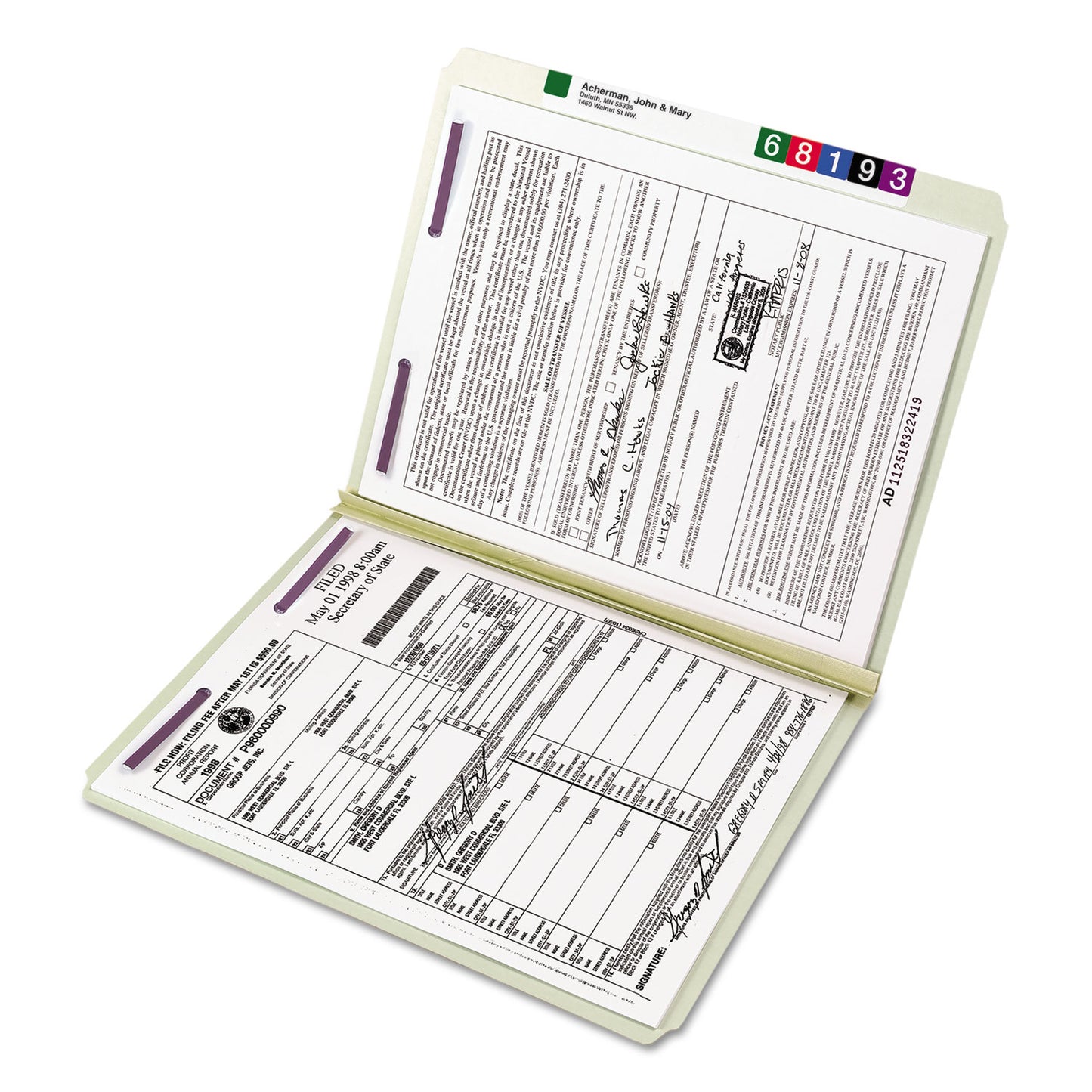 Smead Recycled Pressboard Fastener Folders, Straight Tabs, Two SafeSHIELD Fasteners, 2" Expansion, Letter Size, Gray-Green, 25/Box (14910)