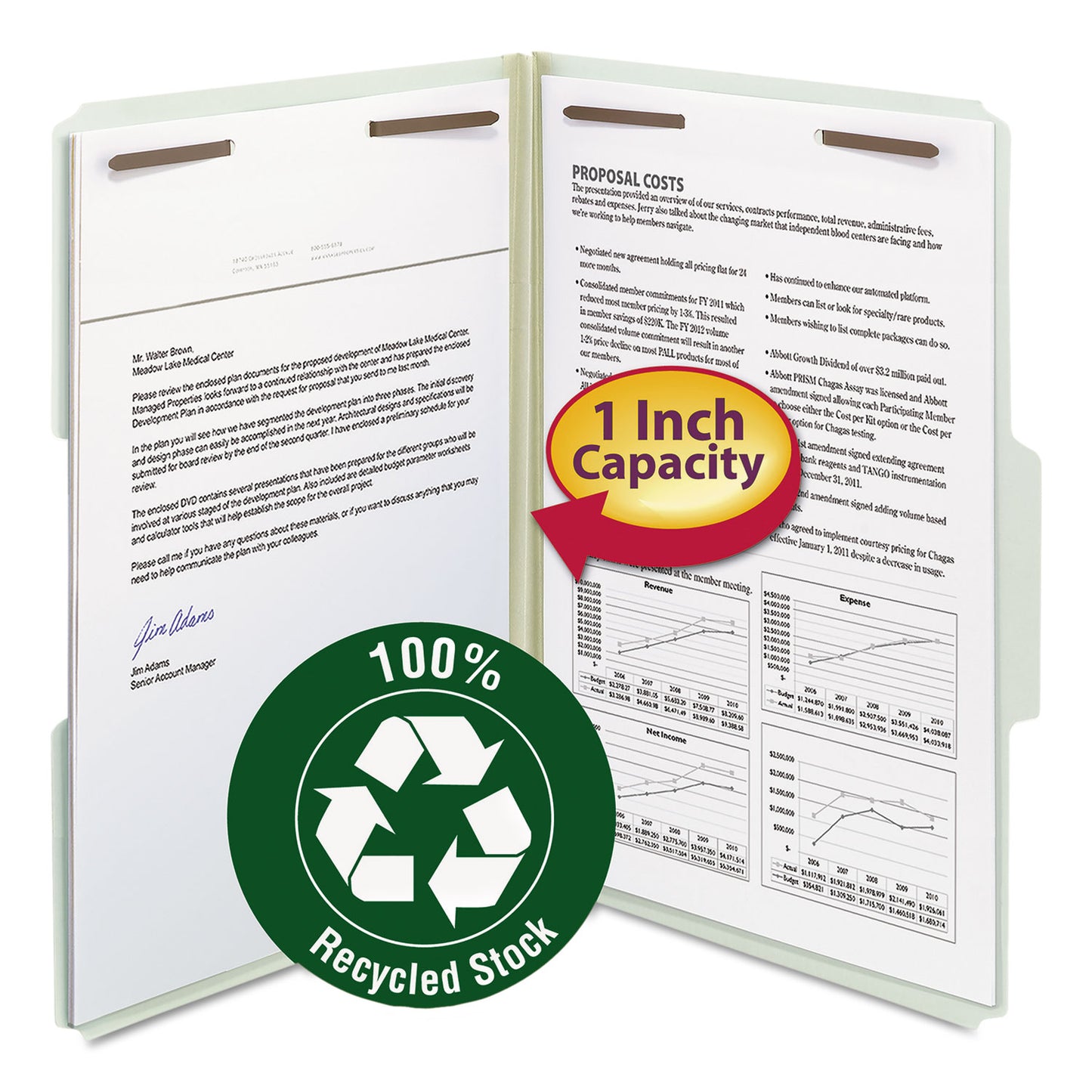 Smead Recycled Pressboard Fastener Folders, 1" Expansion, 2 Fasteners, Legal Size, Gray-Green Exterior, 25/Box (20003)