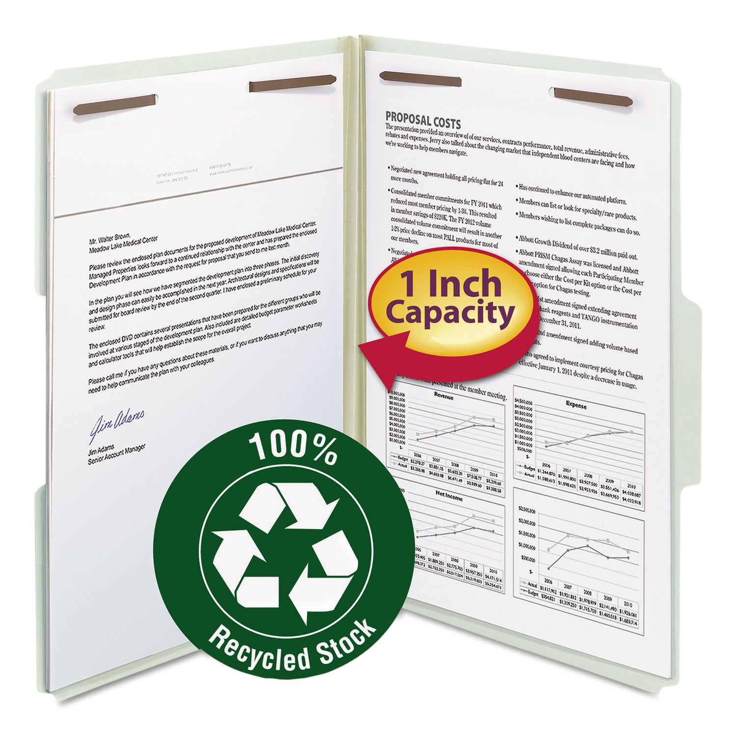 Smead Recycled Pressboard Fastener Folders, 1" Expansion, 2 Fasteners, Legal Size, Gray-Green Exterior, 25/Box (20003)