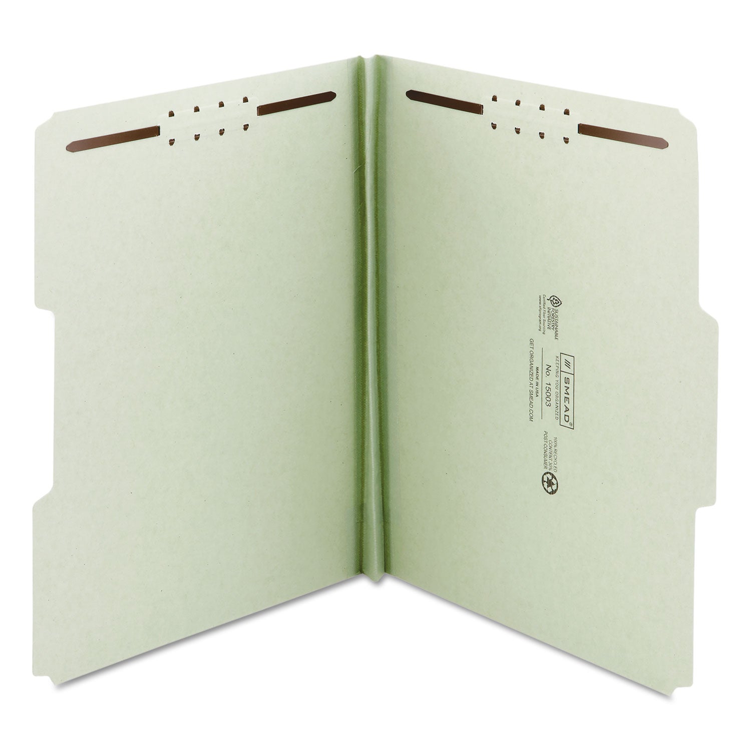 Smead Recycled Pressboard Fastener Folders, 1" Expansion, 2 Fasteners, Letter Size, Gray-Green Exterior, 25/Box (15003)