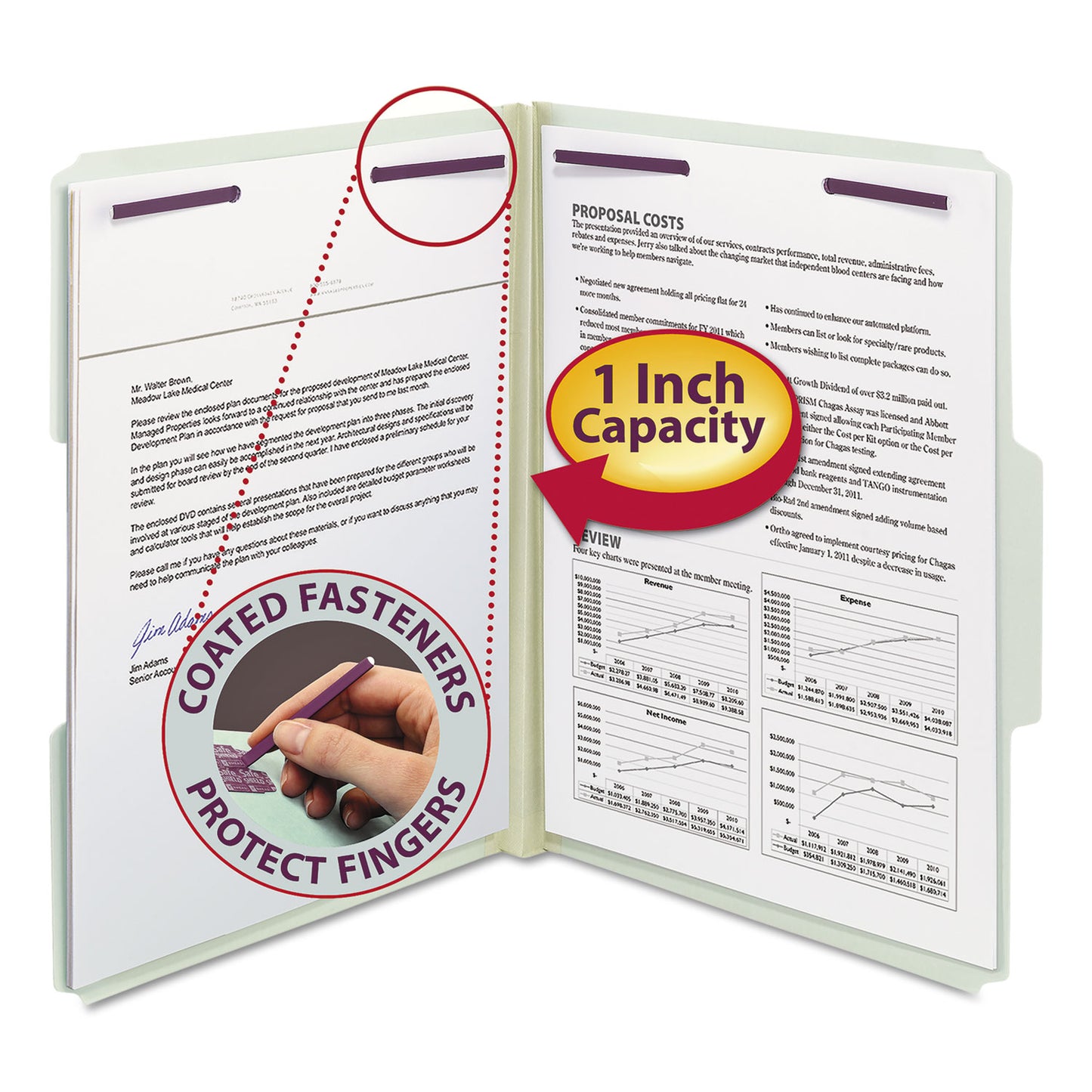 Smead Recycled Pressboard Fastener Folders, 1/3-Cut Tabs, Two SafeSHIELD Fasteners, 1" Expansion, Letter Size, Gray-Green, 25/Box (14931)