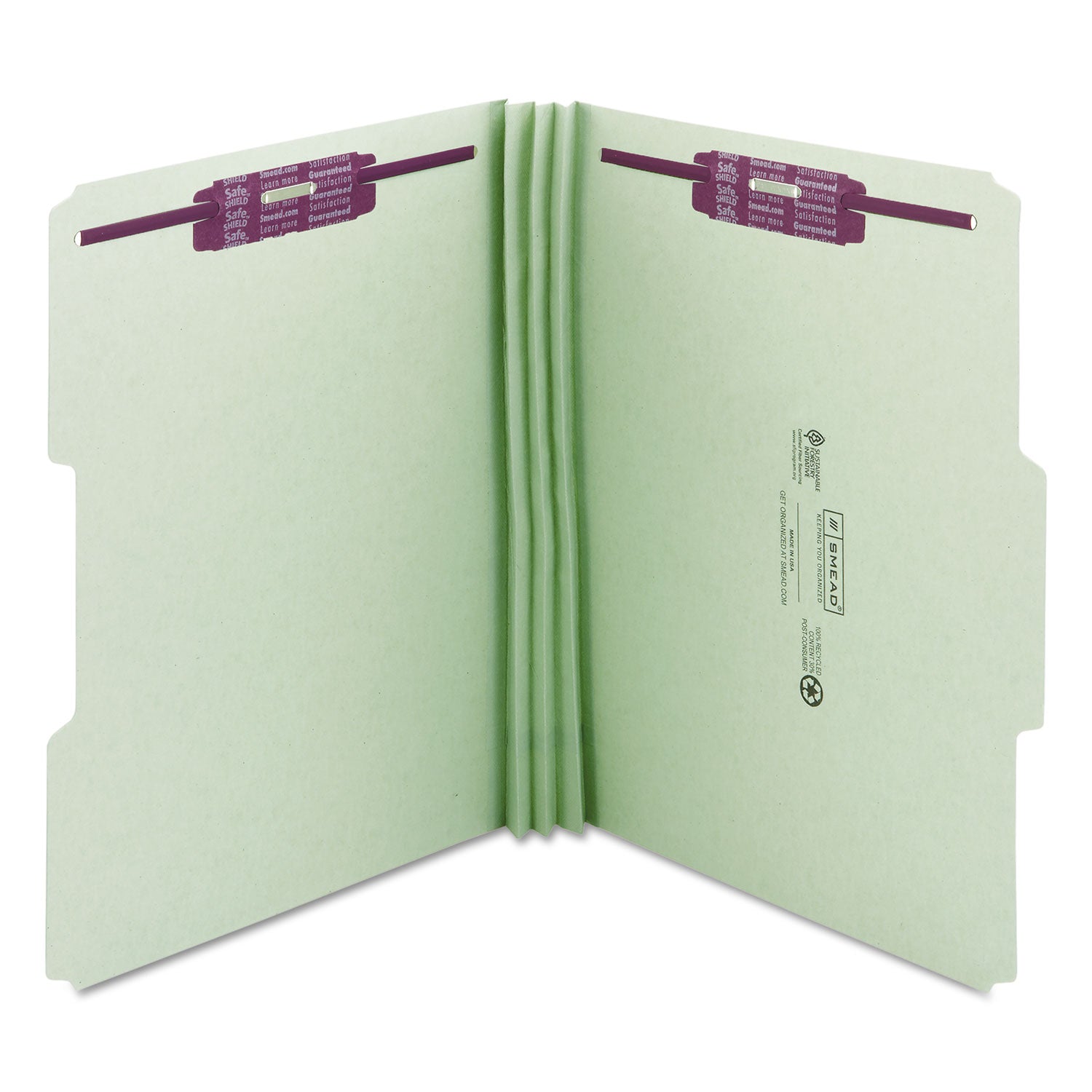 Smead Recycled Pressboard Fastener Folders, 1/3-Cut Tabs, Two SafeSHIELD Fasteners, 3" Expansion, Letter Size, Gray-Green, 25/Box (14944)