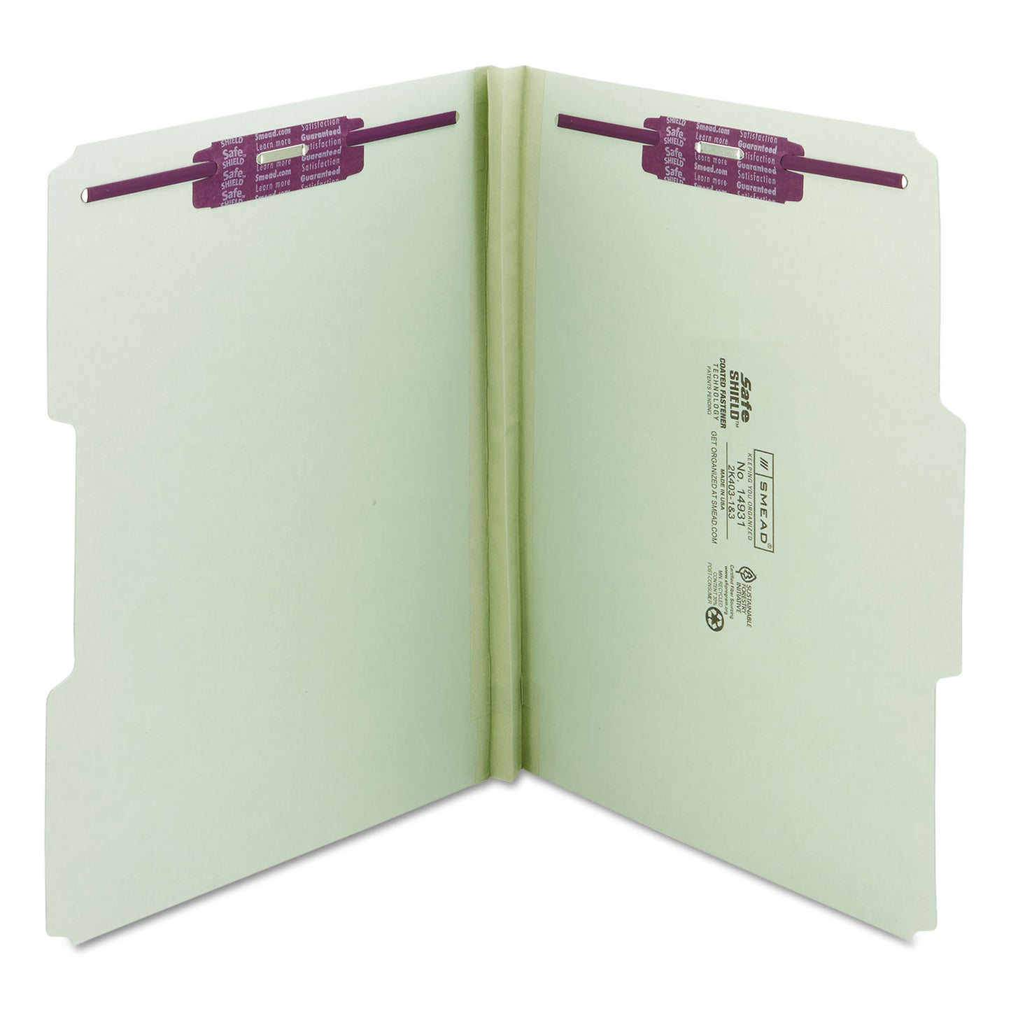 Smead Recycled Pressboard Fastener Folders, 1/3-Cut Tabs, Two SafeSHIELD Fasteners, 1" Expansion, Letter Size, Gray-Green, 25/Box (14931)