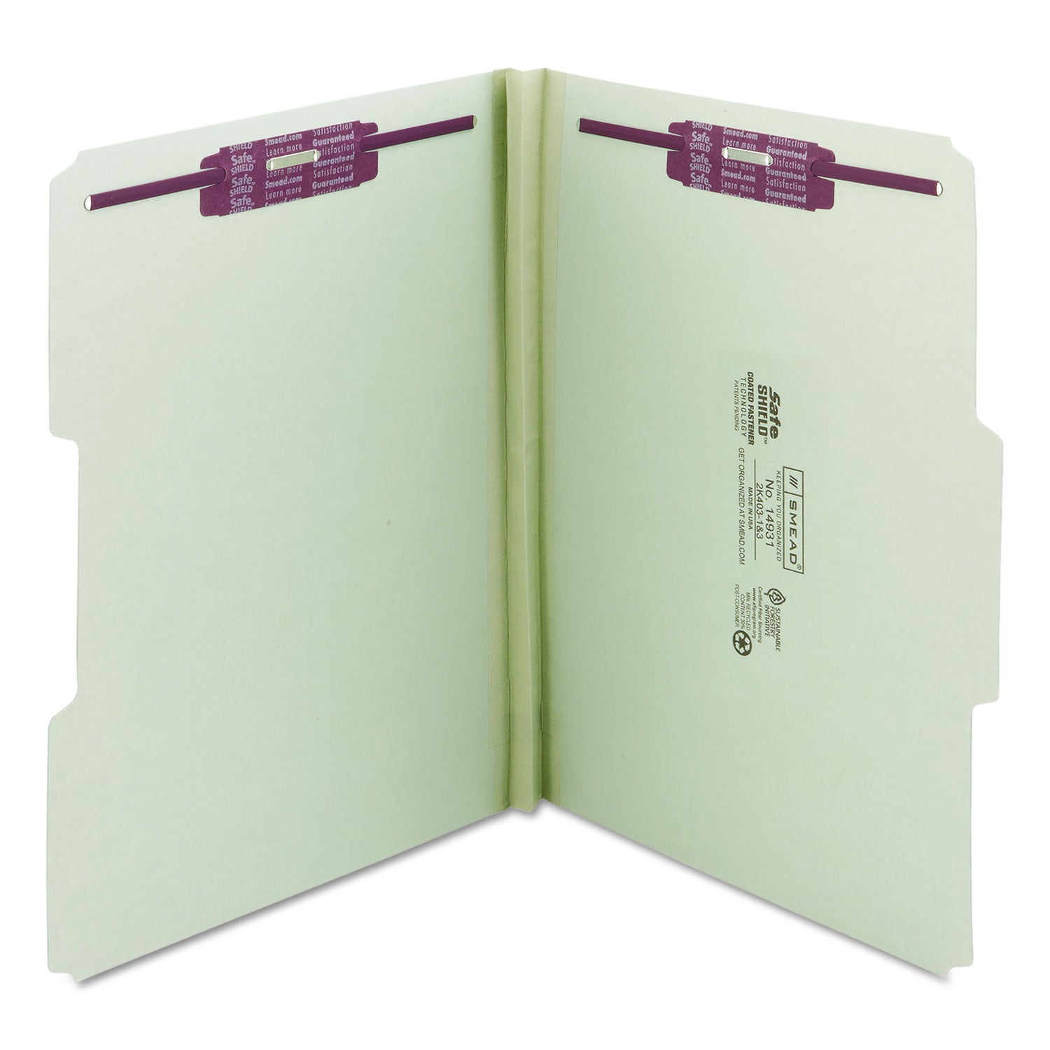 Smead Recycled Pressboard Fastener Folders, 1/3-Cut Tabs, Two SafeSHIELD Fasteners, 1" Expansion, Letter Size, Gray-Green, 25/Box (14931)