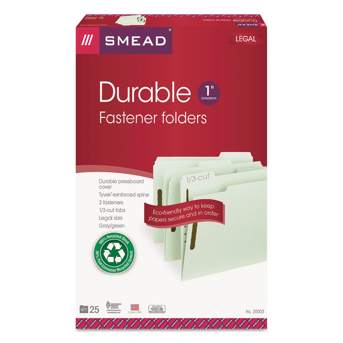 Smead Recycled Pressboard Fastener Folders, 1" Expansion, 2 Fasteners, Legal Size, Gray-Green Exterior, 25/Box (20003)