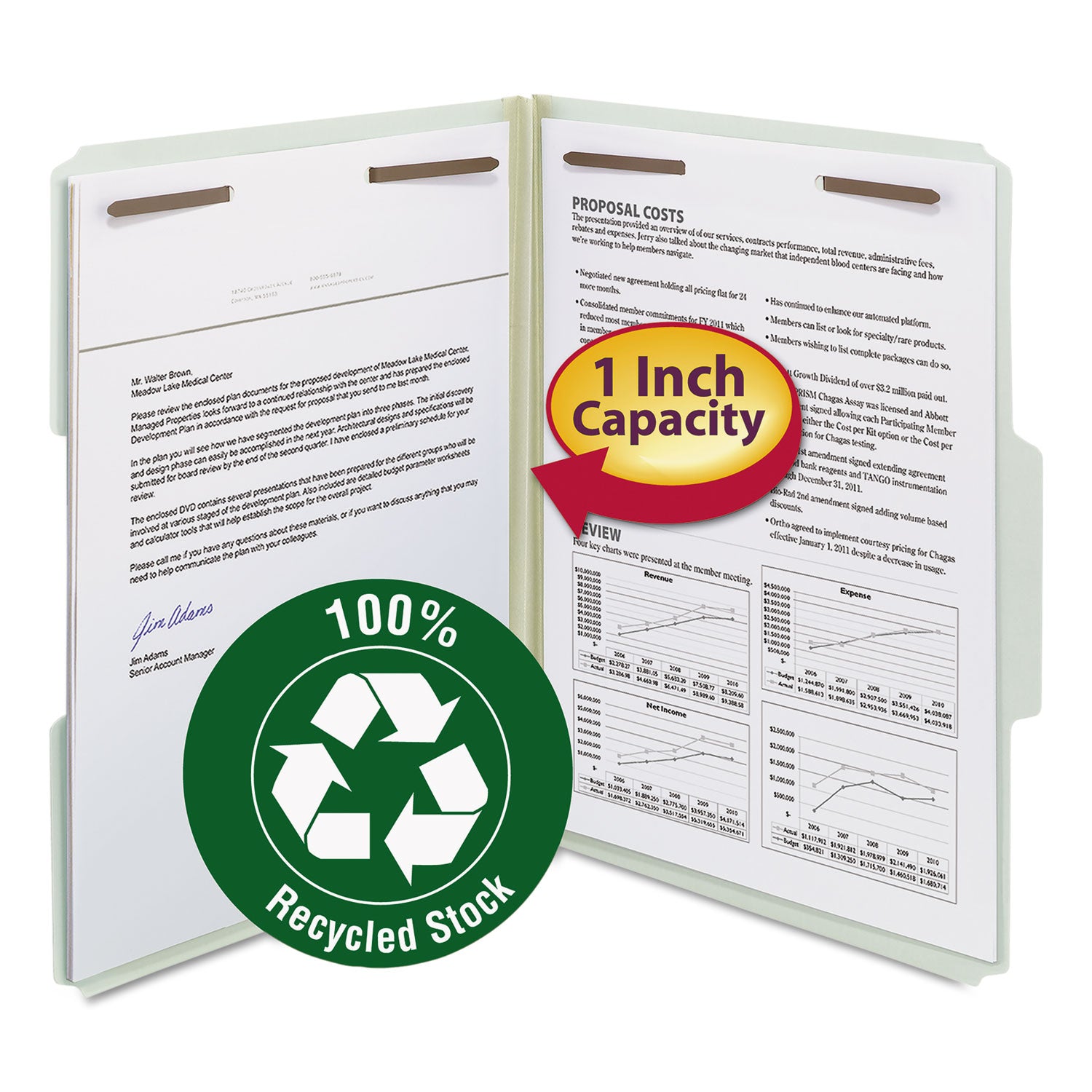 Smead Recycled Pressboard Fastener Folders, 1" Expansion, 2 Fasteners, Letter Size, Gray-Green Exterior, 25/Box (15003)