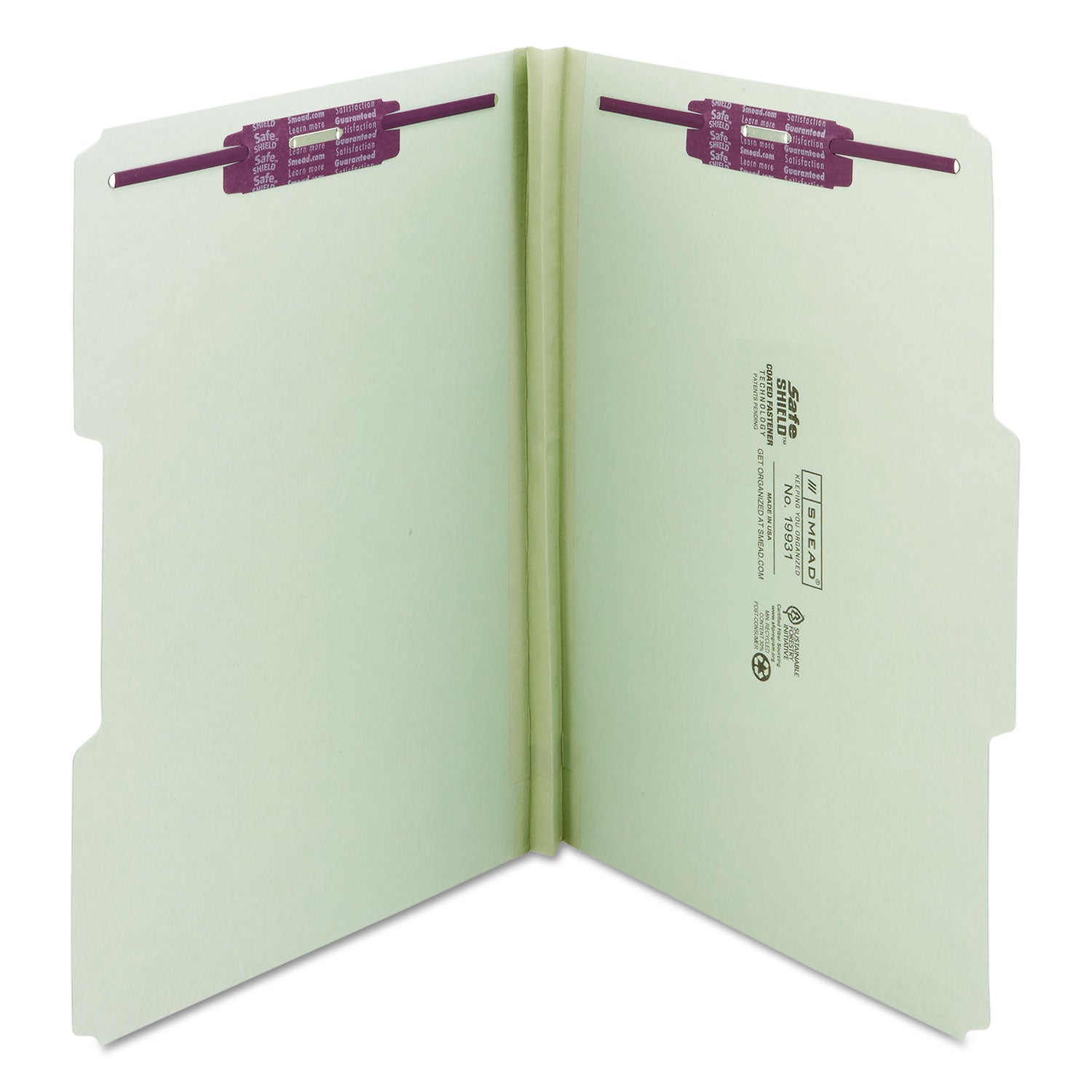Smead Recycled Pressboard Fastener Folders, 1/3-Cut Tabs, Two SafeSHIELD Fasteners, 1" Expansion, Legal Size, Gray-Green, 25/Box (19931)