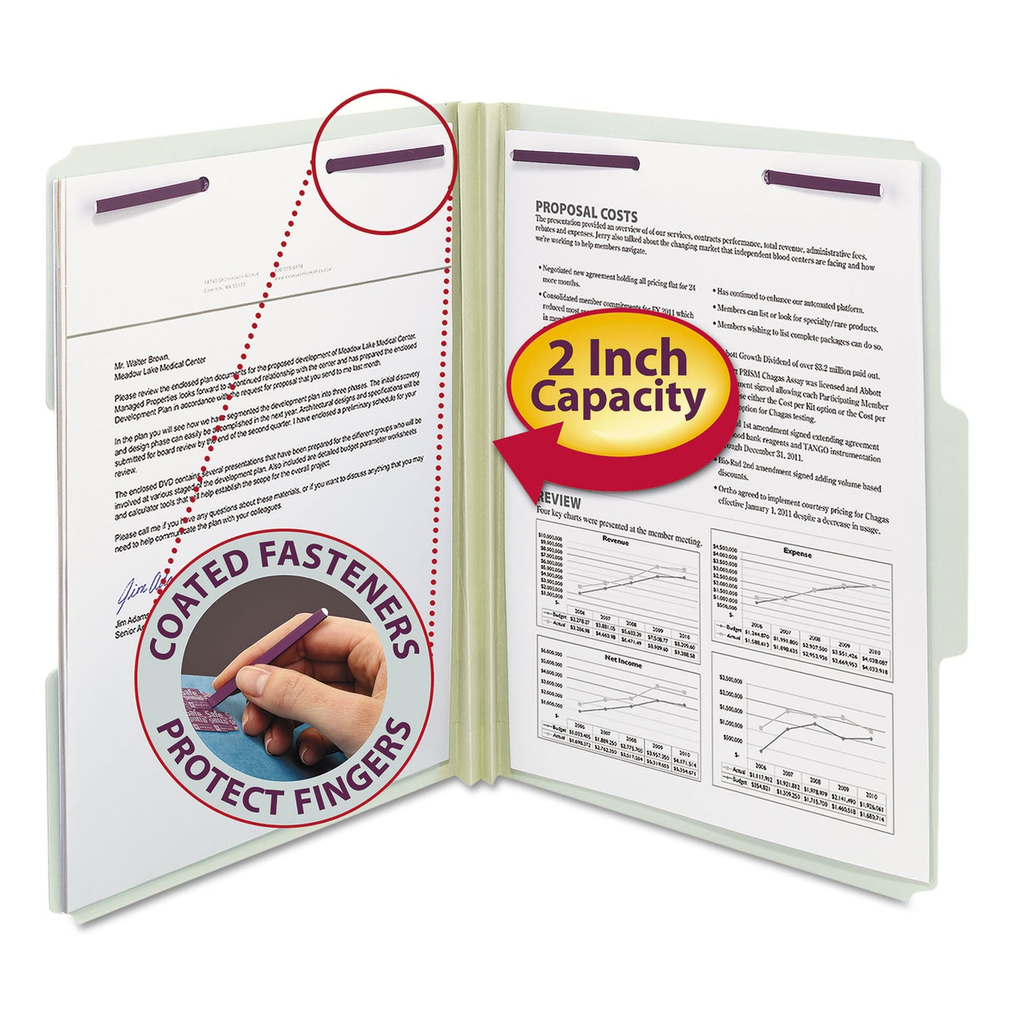 Smead Recycled Pressboard Fastener Folders, 1/3-Cut Tabs, Two SafeSHIELD Fasteners, 2" Expansion, Letter Size, Gray-Green, 25/Box (14934)
