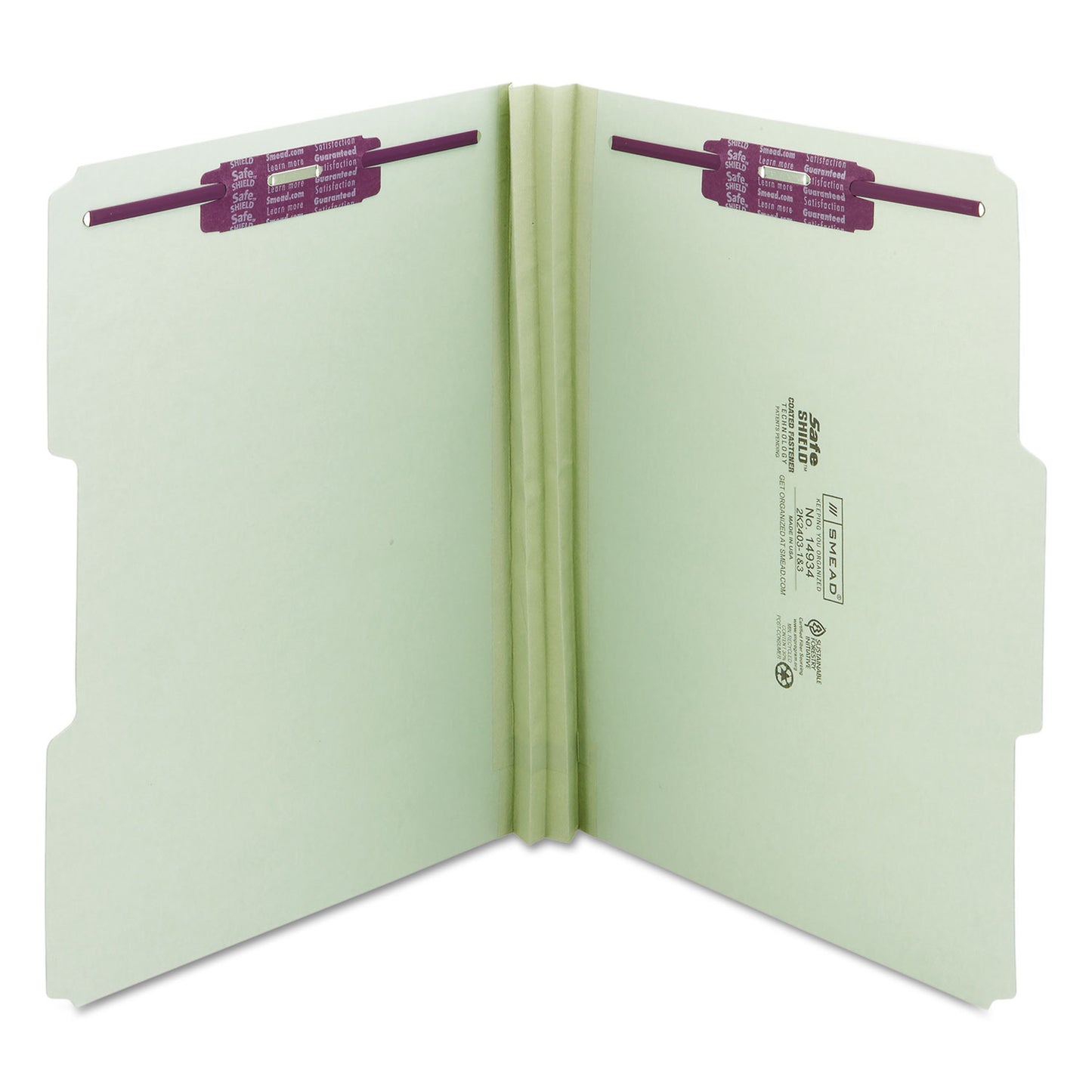 Smead Recycled Pressboard Fastener Folders, 1/3-Cut Tabs, Two SafeSHIELD Fasteners, 2" Expansion, Letter Size, Gray-Green, 25/Box (14934)