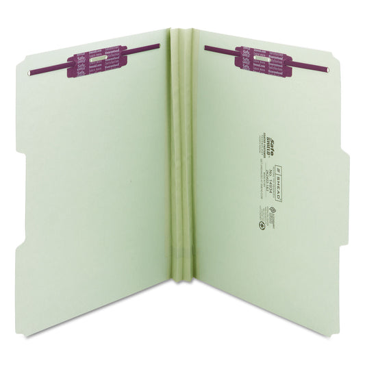 Smead Recycled Pressboard Fastener Folders, 1/3-Cut Tabs, Two SafeSHIELD Fasteners, 2" Expansion, Letter Size, Gray-Green, 25/Box (14934)