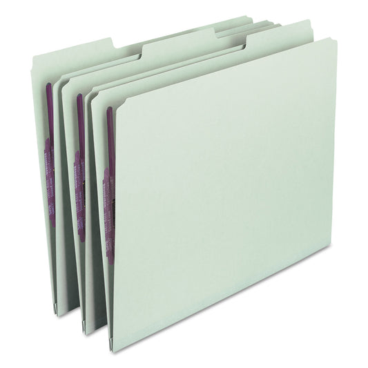Smead Recycled Pressboard Fastener Folders, 1/3-Cut Tabs, Two SafeSHIELD Fasteners, 1" Expansion, Letter Size, Gray-Green, 25/Box (14931)