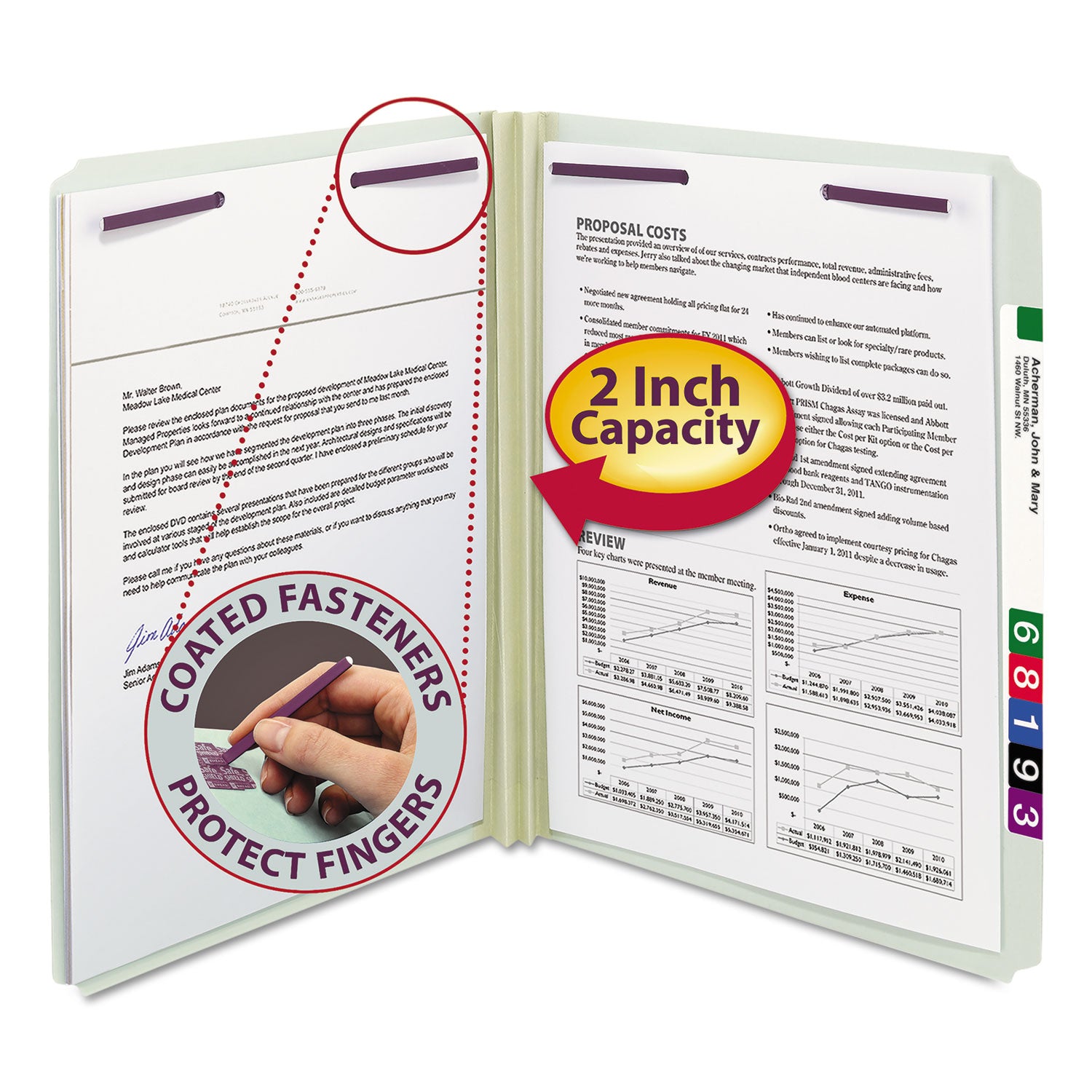 Smead Recycled Pressboard Fastener Folders, Straight Tabs, Two SafeSHIELD Fasteners, 2" Expansion, Letter Size, Gray-Green, 25/Box (14910)