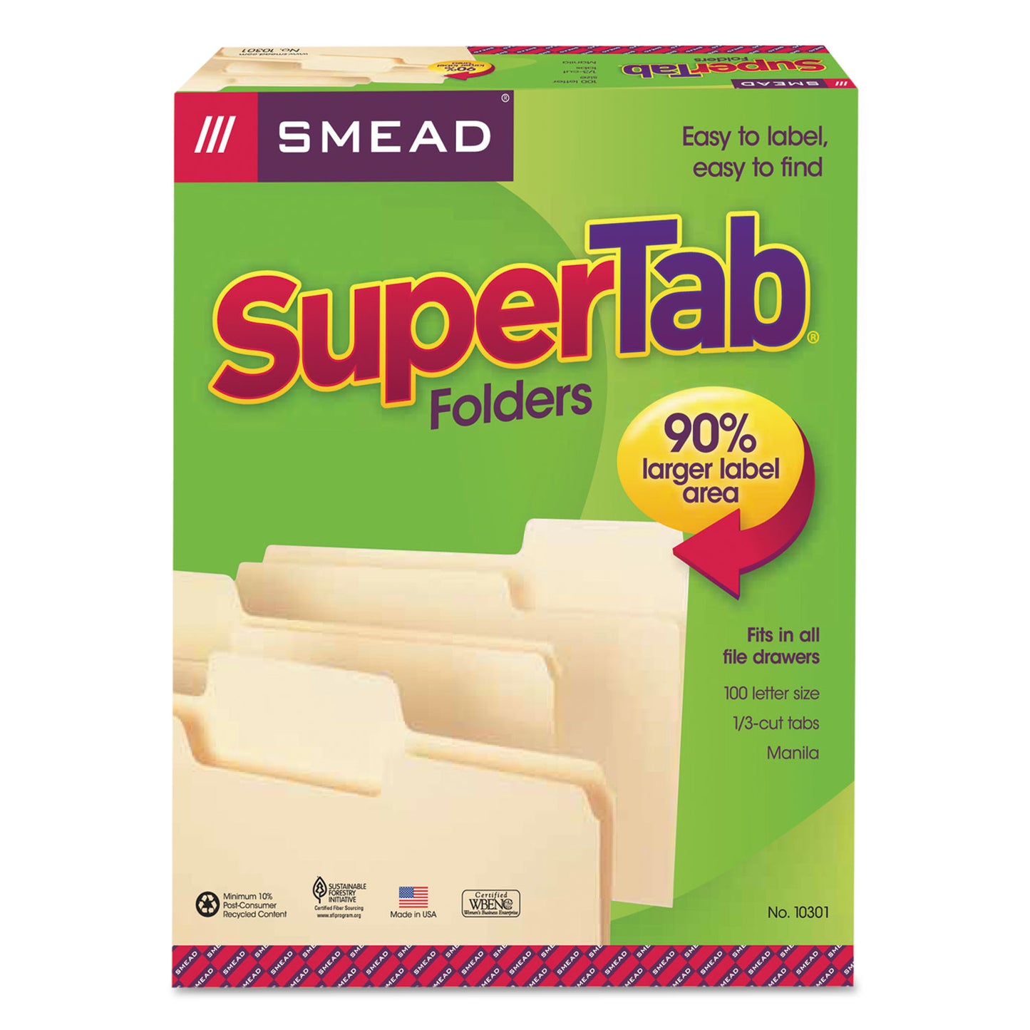 Smead SuperTab Top Tab File Folders, 1/3-Cut Tabs: Assorted, Letter Size, 0.75" Expansion, 11-pt Manila, 100/Box (10301)