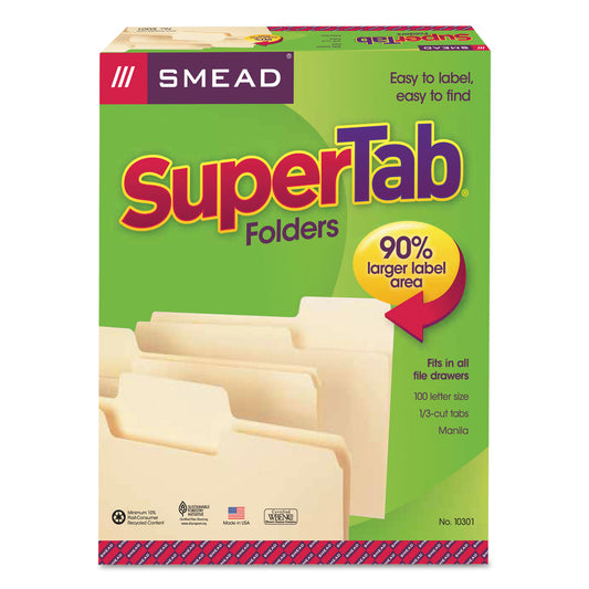 Smead SuperTab Top Tab File Folders, 1/3-Cut Tabs: Assorted, Letter Size, 0.75" Expansion, 11-pt Manila, 100/Box (10301)