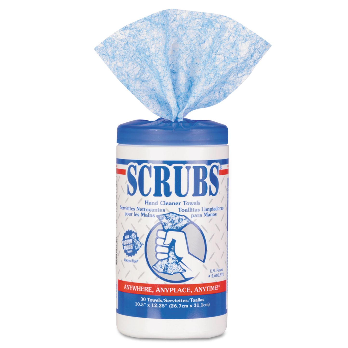 SCRUBS Hand Cleaner Towels, 1-Ply, 10 x 12, Citrus, Blue/White, 30/Canister (42230CT)