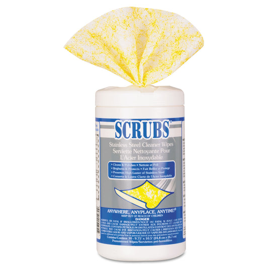 SCRUBS Stainless Steel Cleaner Towels, 1-Ply, 9.75 x 10.5, Lemon Scent, 30/Canister (91930)