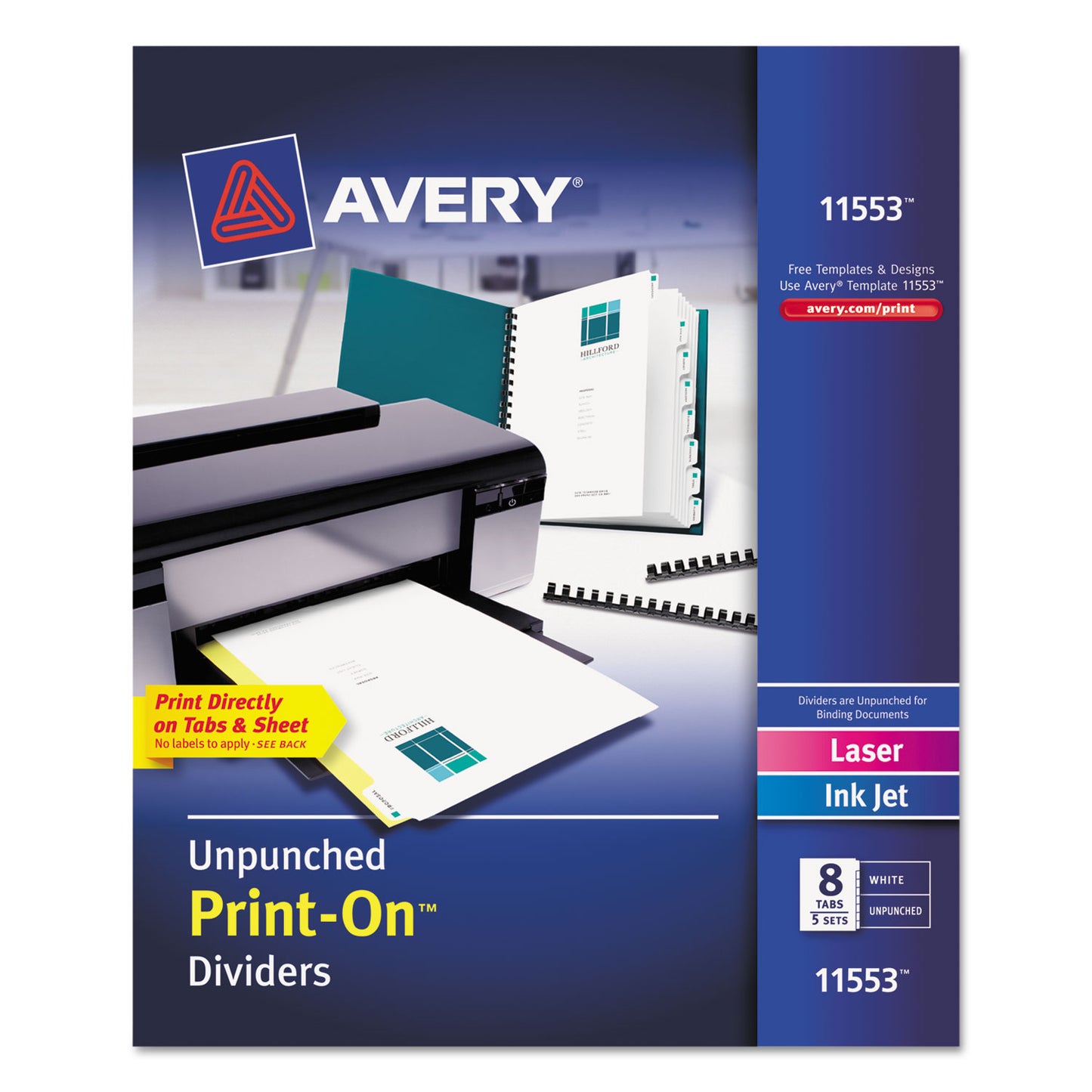 Avery Customizable Print-On Dividers, Unpunched, 8-Tab, 11 x 8.5, White, 5 Sets (11553)