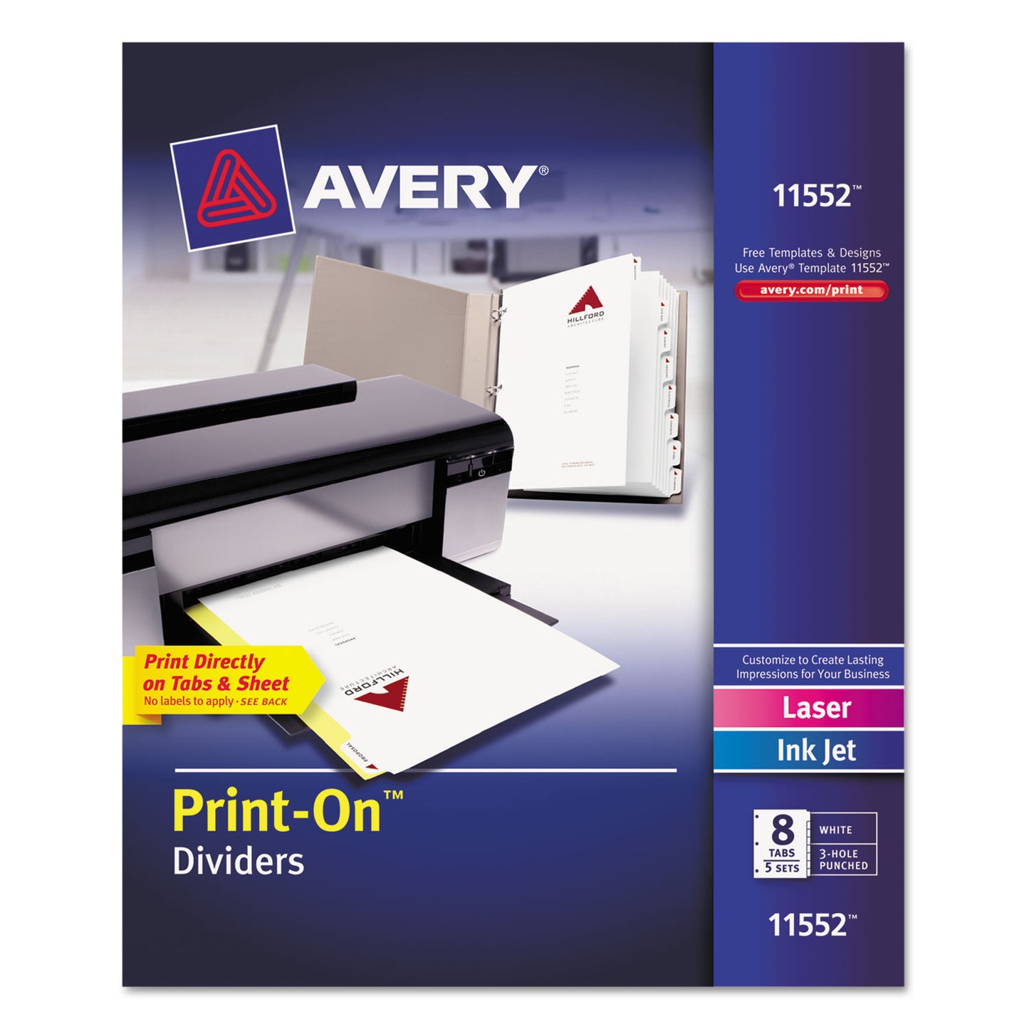 Avery Customizable Print-On Dividers, 3-Hole Punched, 8-Tab, 11 x 8.5, White, 5 Sets (11552)