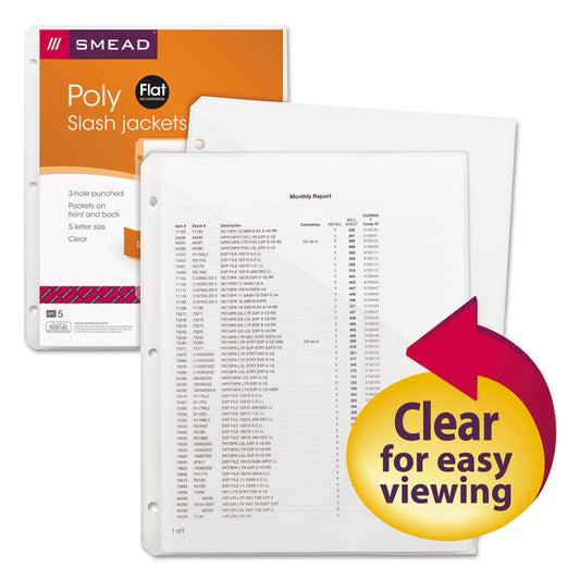 Smead Organized Up Poly Slash Jackets, 2-Sections, Letter Size, Clear, 5/Pack (89506)