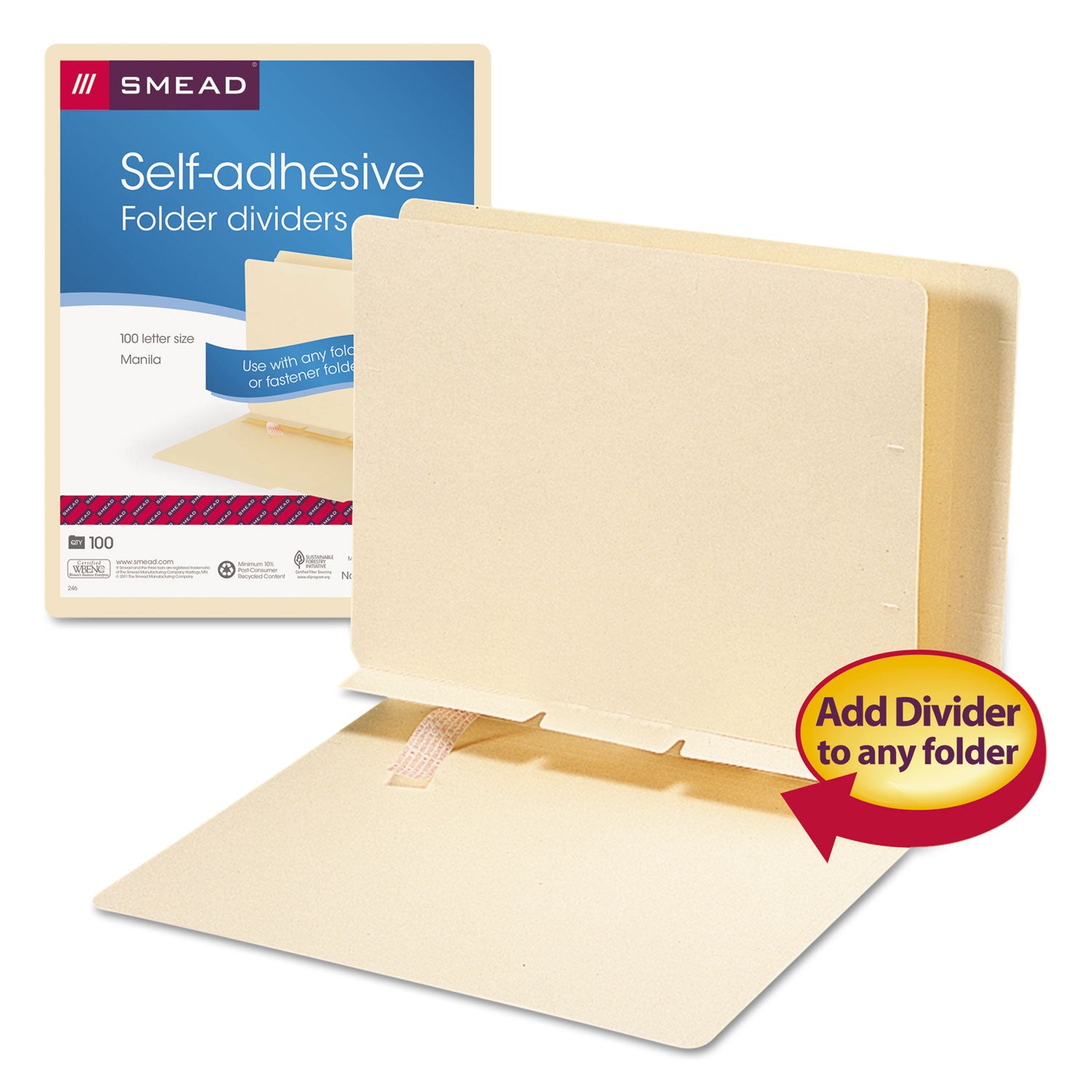 Smead Self-Adhesive Folder Dividers for Top/End Tab Folders, Prepunched for Fasteners, 1 Fastener, Letter Size, Manila, 100/Box (68021)