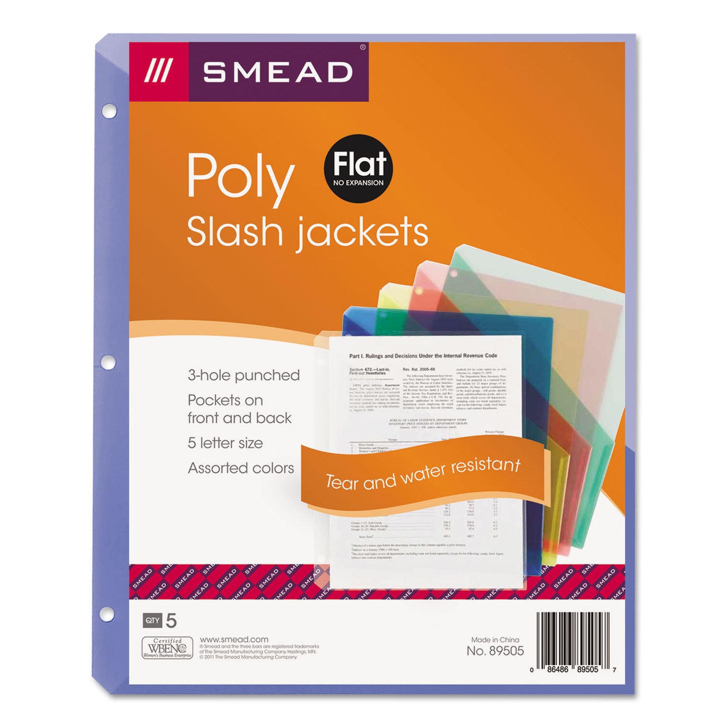 Smead Organized Up Poly Slash Jackets, 2-Sections, Letter Size, Assorted Colors, 5/Pack (89505)