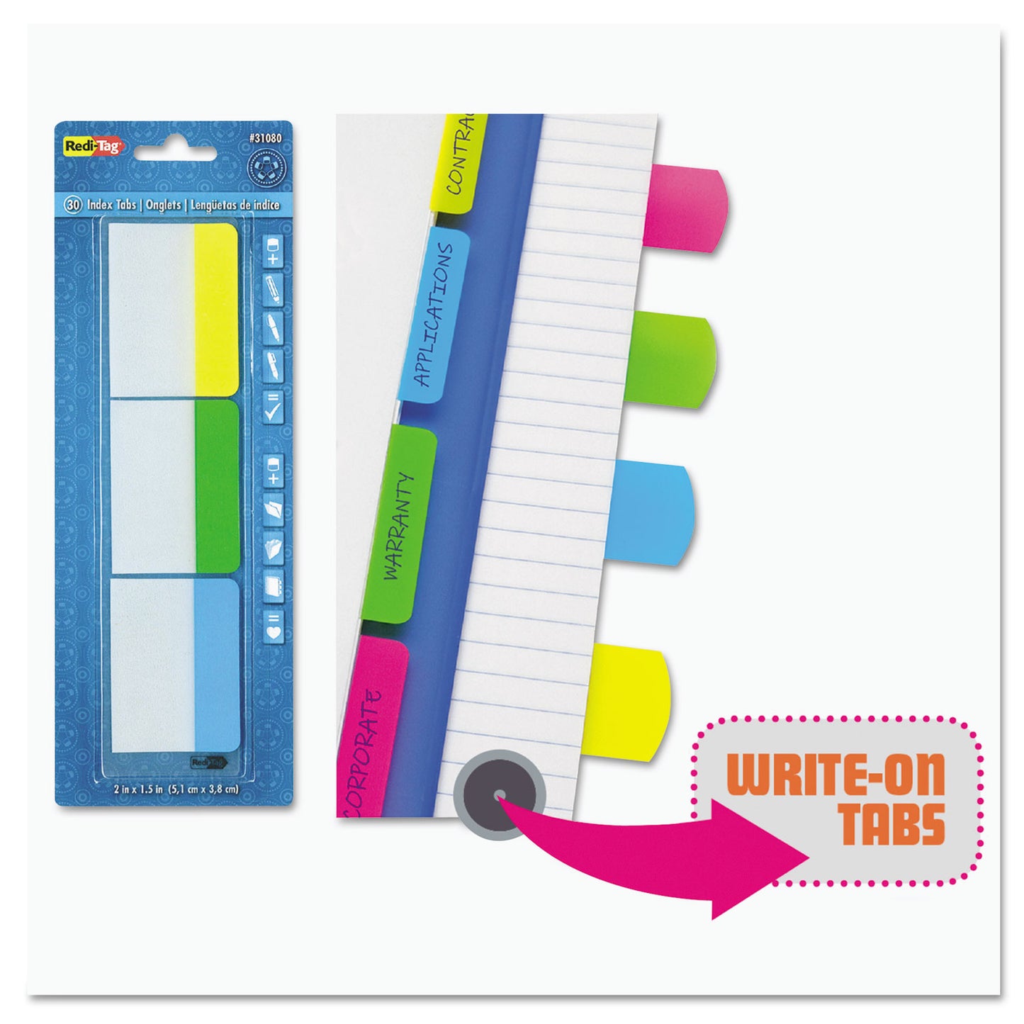 Redi-Tag Write-On Index Tabs, 1/5-Cut, Assorted Colors, 2" Wide, 48/Pack (33248)