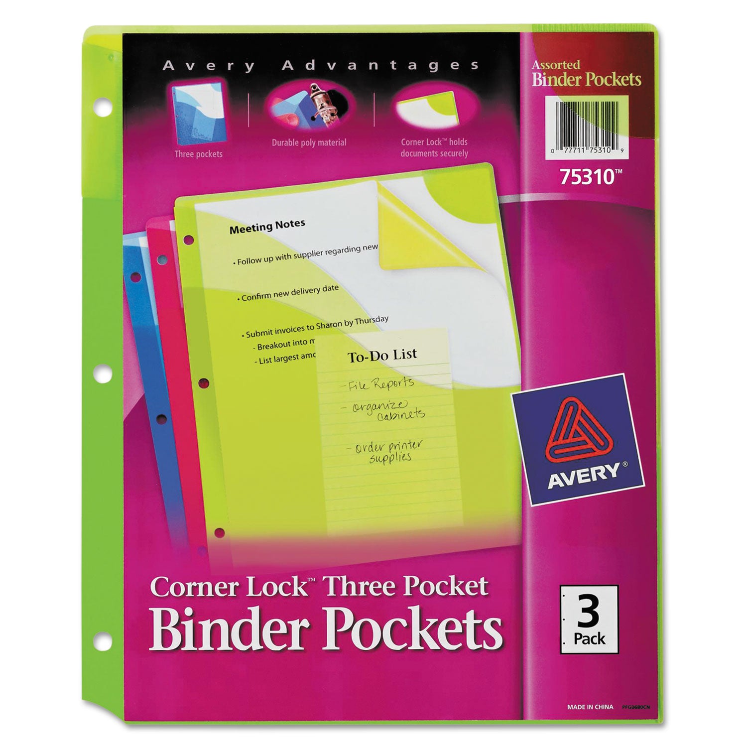 Avery Corner Lock Three-Pocket Binder Pocket, 9.25 x 11.25, Assorted Color, 3/Pack (75310)