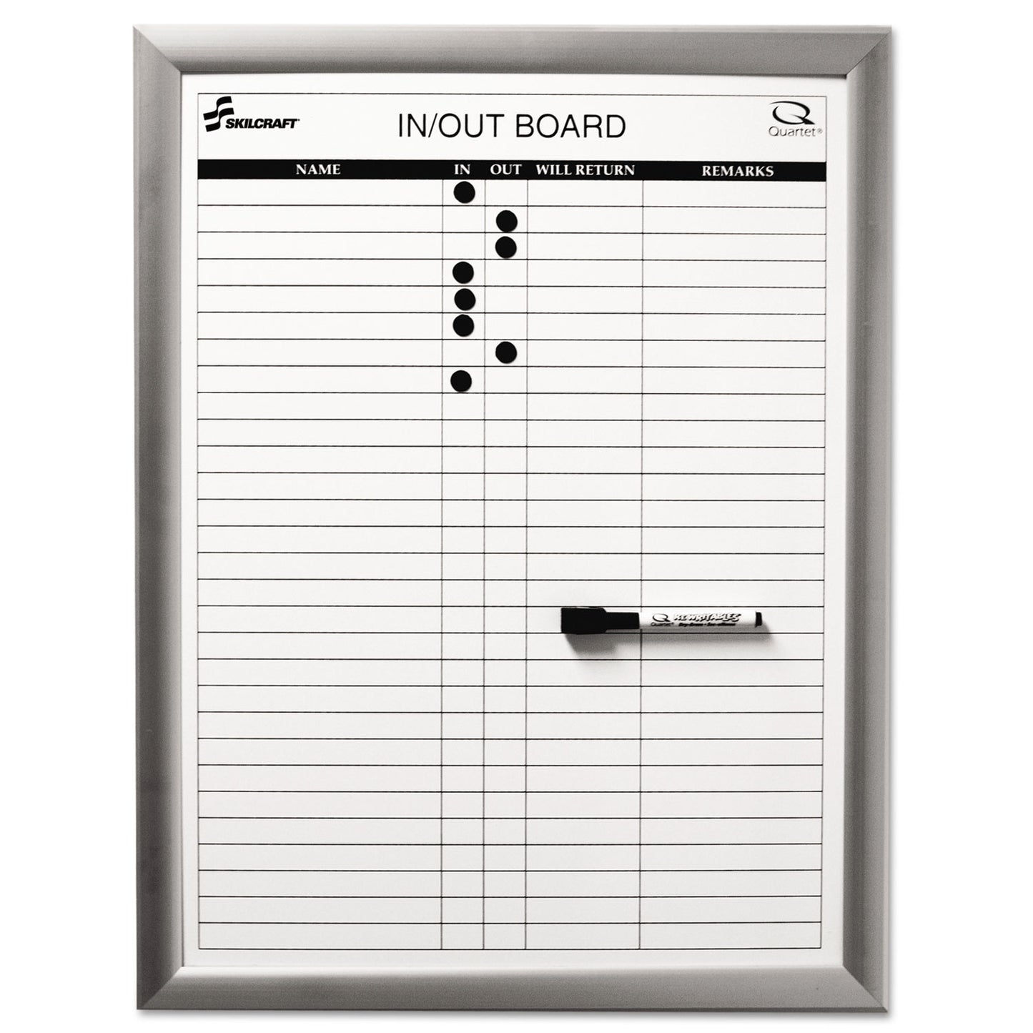 AbilityOne 7110015680403, SKILCRAFT Magnetic In/Out Board, Up to 29 Employees, 18 x 24, White Surface, Anodized Aluminum Frame