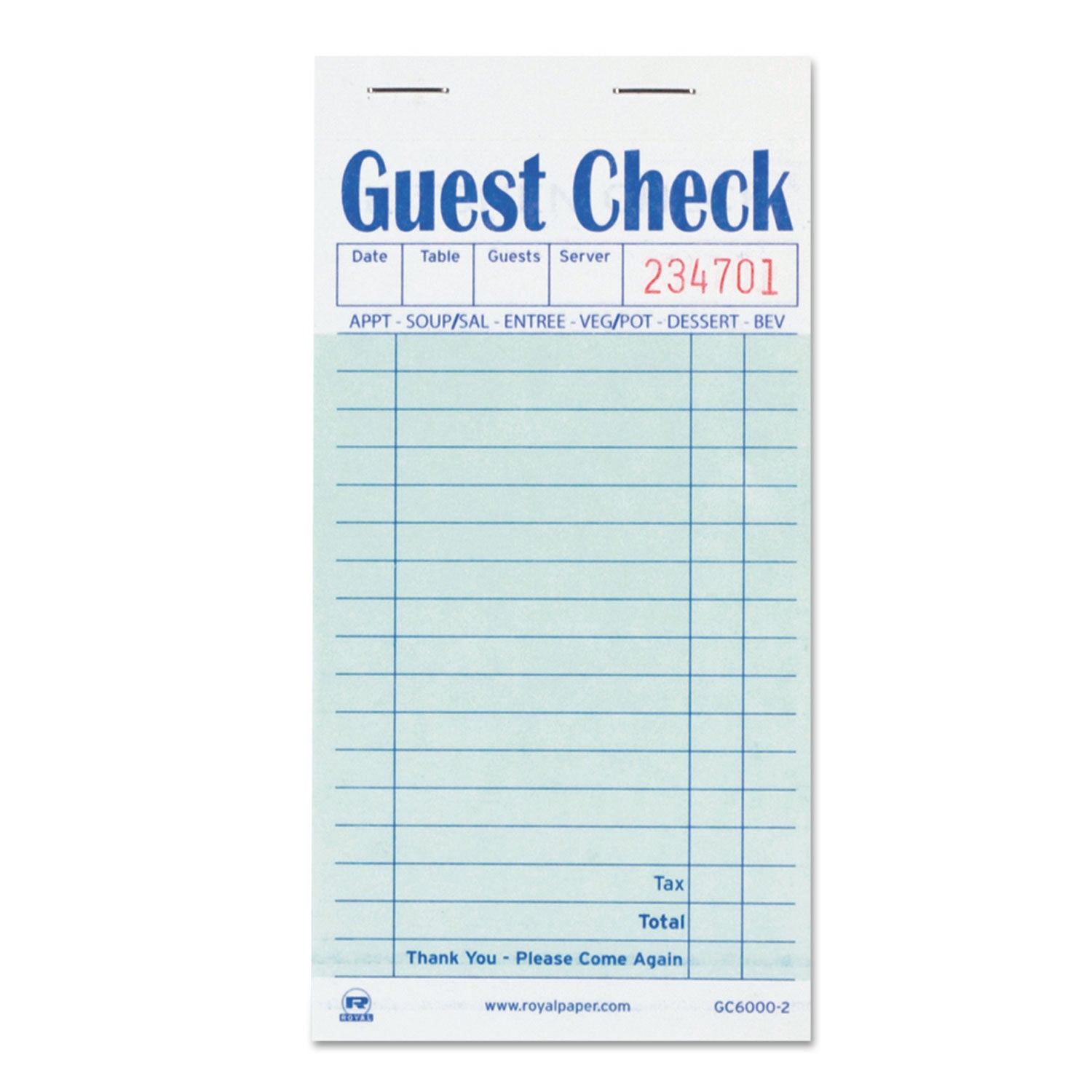 AmerCareRoyal Guest Check Pad, 17 Lines, Two-Part Carbon, 3.5 x 6.7, 50 Forms/Pad, 50 Pads/Carton (GC60002)