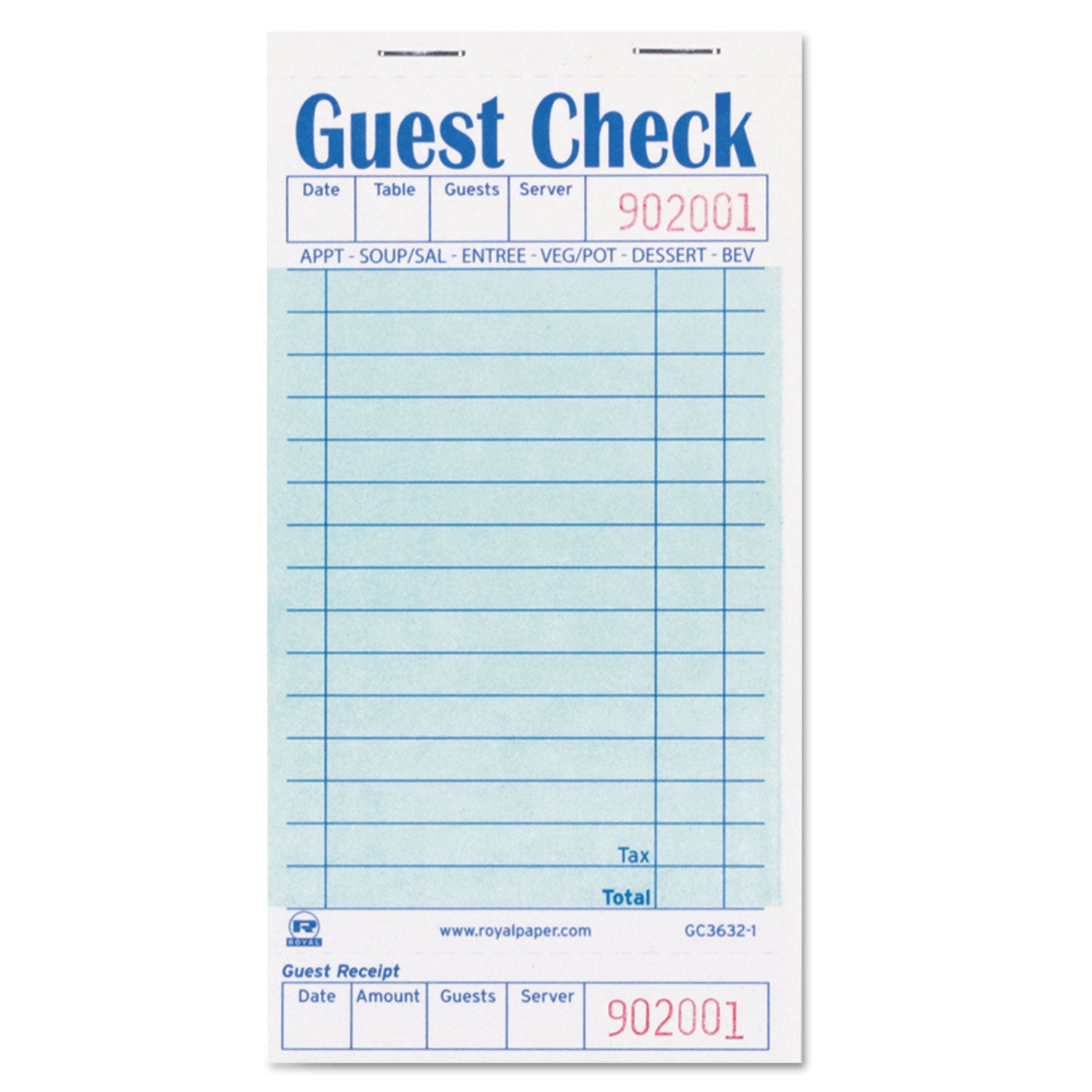 AmerCareRoyal Guest Check Pad with Ruled Back, 15 Lines, One-Part (No Copies), 3.5 x 6.7, 50 Forms/Pad, 50 Pads/Carton (GC36321)