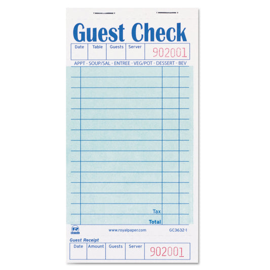 AmerCareRoyal Guest Check Pad with Ruled Back, 15 Lines, One-Part (No Copies), 3.5 x 6.7, 50 Forms/Pad, 50 Pads/Carton (GC36321)