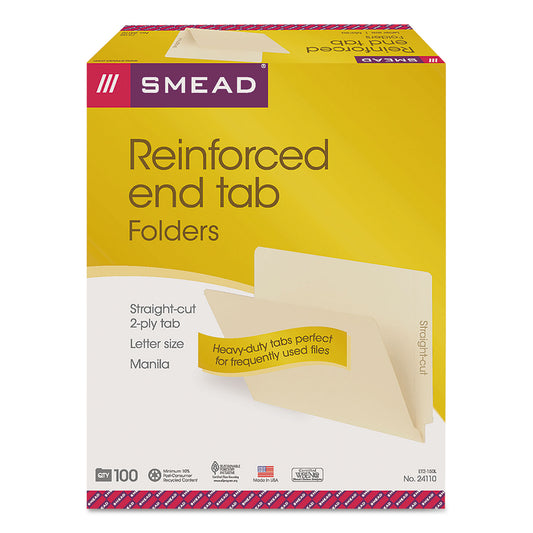 Smead Heavyweight Manila End Tab Folders, 9.5" High Front, Straight Tabs, Letter Size, 0.75" Expansion, Manila, 100/Box (24110)