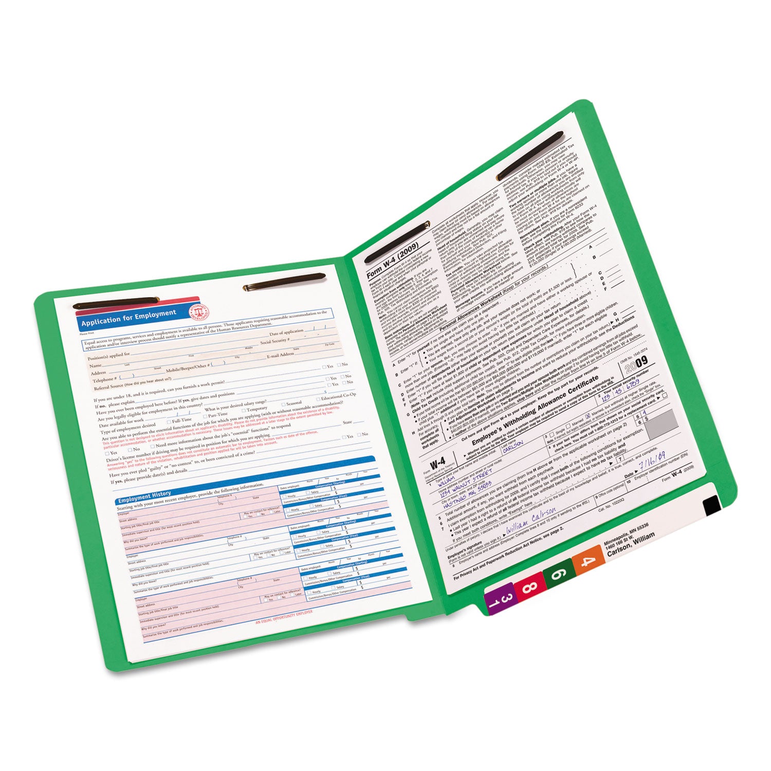 Smead Heavyweight Colored End Tab Fastener Folders, 0.75" Expansion, 2 Fasteners, Letter Size, Green Exterior, 50/Box (25140)