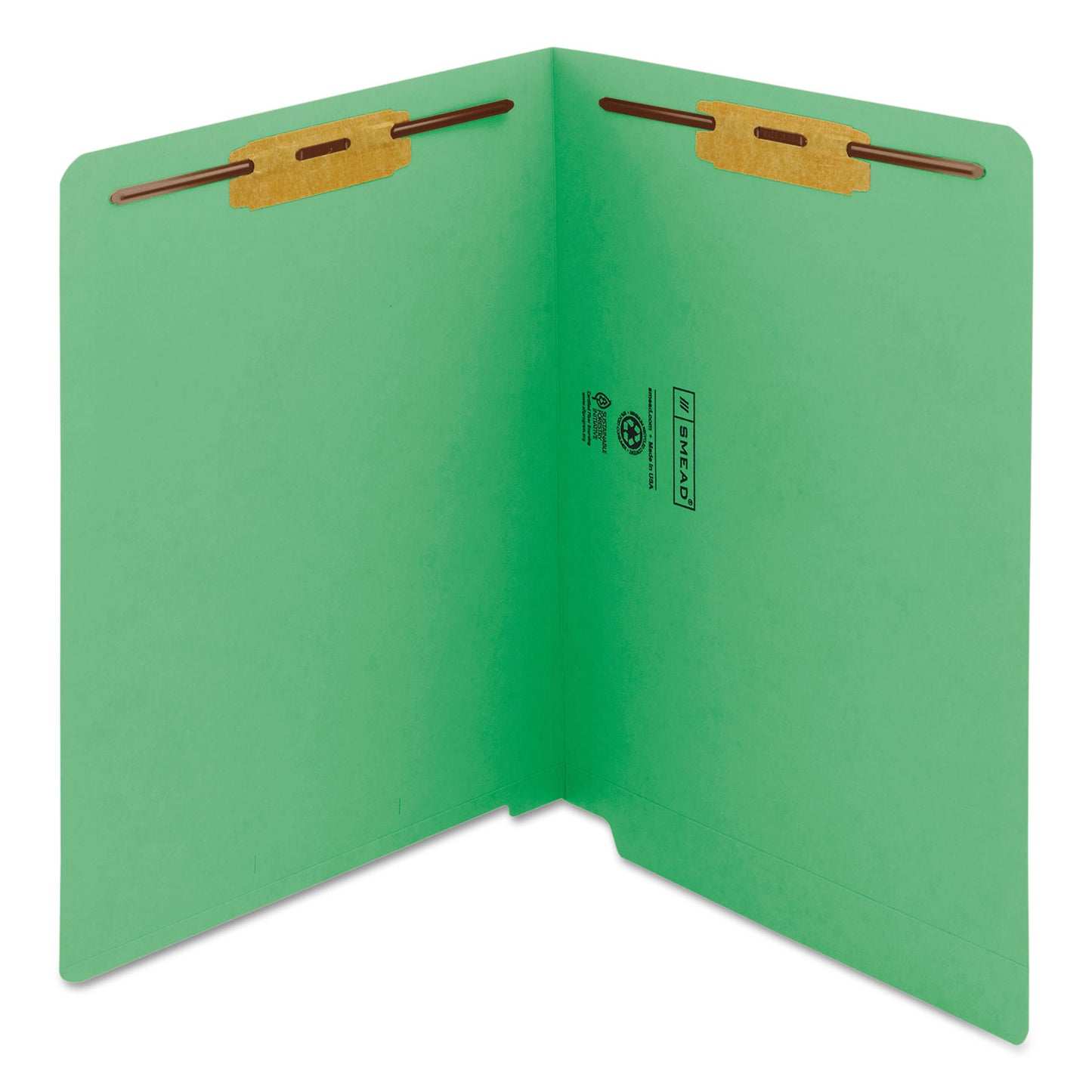 Smead Heavyweight Colored End Tab Fastener Folders, 0.75" Expansion, 2 Fasteners, Letter Size, Green Exterior, 50/Box (25140)