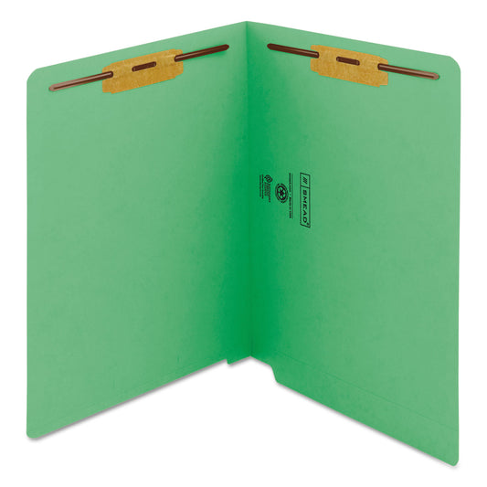 Smead Heavyweight Colored End Tab Fastener Folders, 0.75" Expansion, 2 Fasteners, Letter Size, Green Exterior, 50/Box (25140)