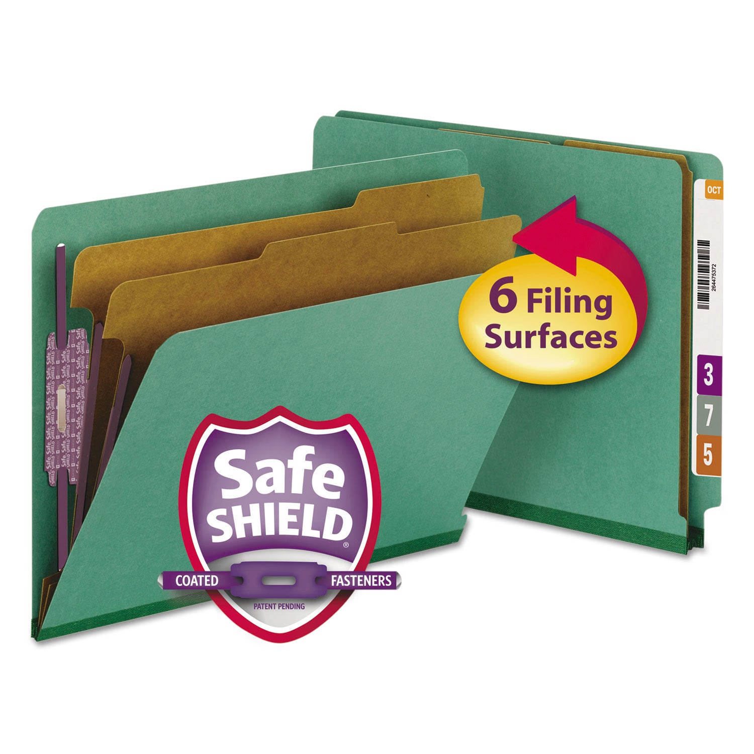 Smead End Tab Pressboard Classification Folders, Six SafeSHIELD Fasteners, 2" Expansion, 2 Dividers, Letter Size, Green, 10/Box (26785)