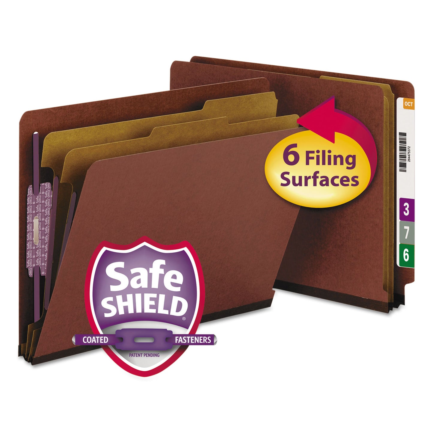 Smead End Tab Pressboard Classification Folders, Six SafeSHIELD Fasteners, 2" Expansion, 2 Dividers, Letter Size, Red, 10/Box (26860)