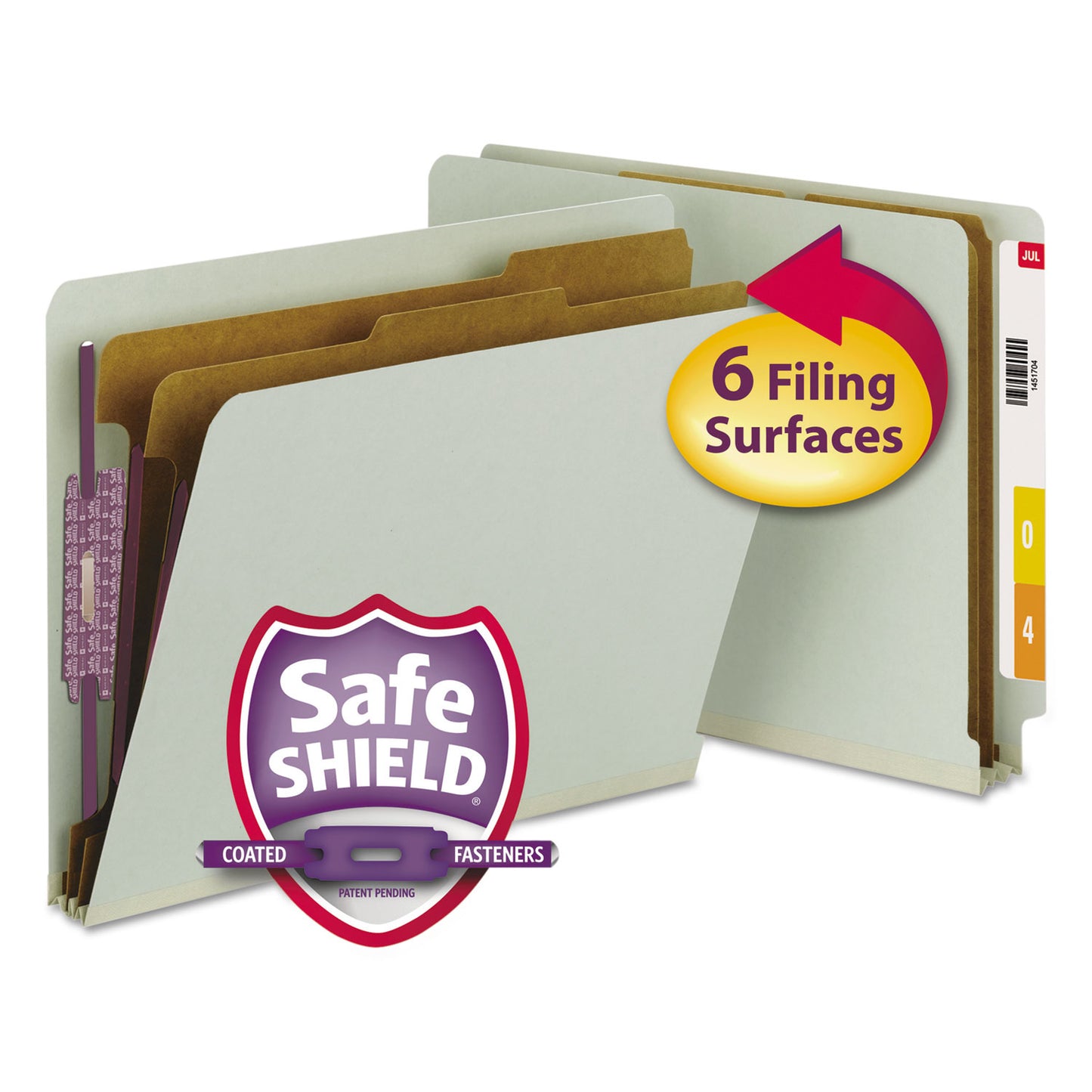 Smead End Tab Pressboard Classification Folders, Six SafeSHIELD Fasteners, 2" Expansion, 2 Dividers, Letter Size, Gray-Green, 10/BX (26810)