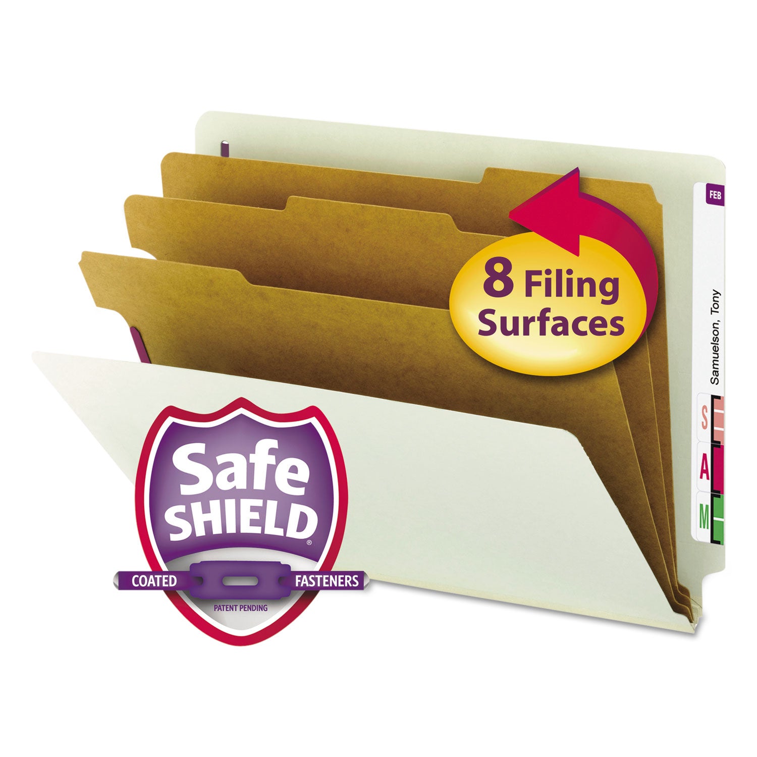 Smead End Tab Pressboard Classification Folder, Eight SafeSHIELD Fasteners, 3" Expansion, 3 Dividers, Letter Size, Gray-Green,10/BX (26820)