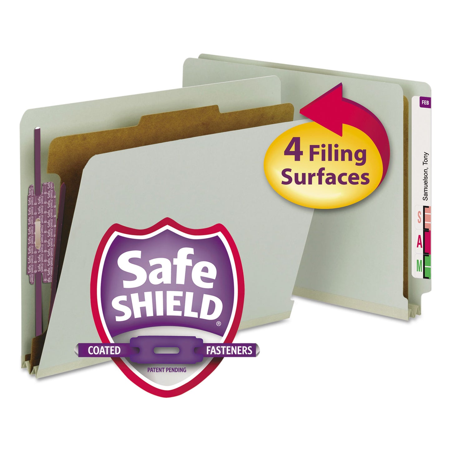 Smead End Tab Pressboard Classification Folders, Four SafeSHIELD Fasteners, 2" Expansion, 1 Divider, Letter Size, Gray-Green, 10/BX (26800)