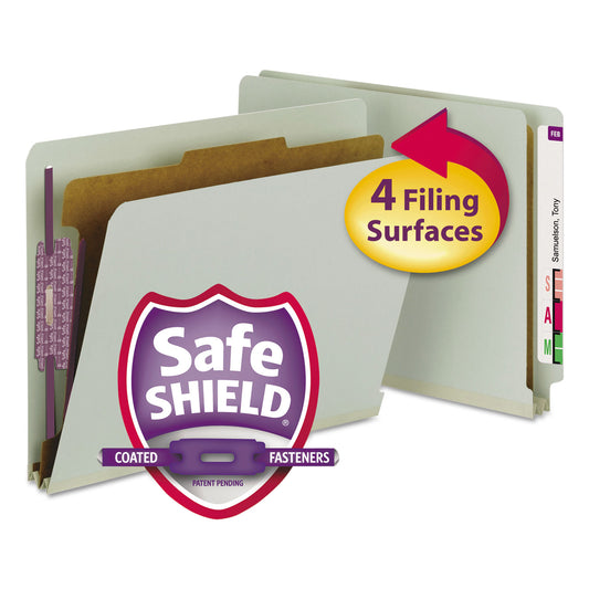Smead End Tab Pressboard Classification Folders, Four SafeSHIELD Fasteners, 2" Expansion, 1 Divider, Letter Size, Gray-Green, 10/BX (26800)